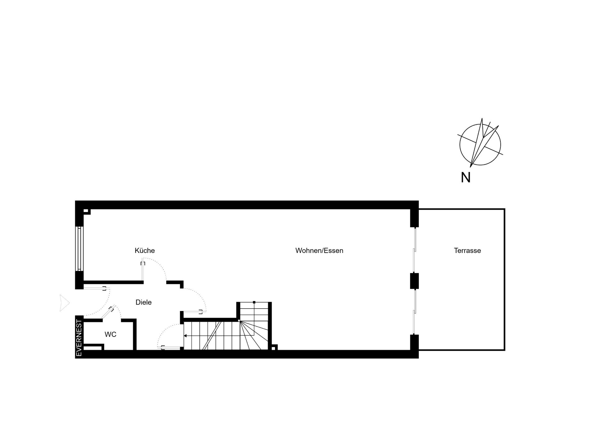 Grundriss mit Küche, Wohnzimmer/Esszimmer, WC, Diele, Terrasse und Treppe.