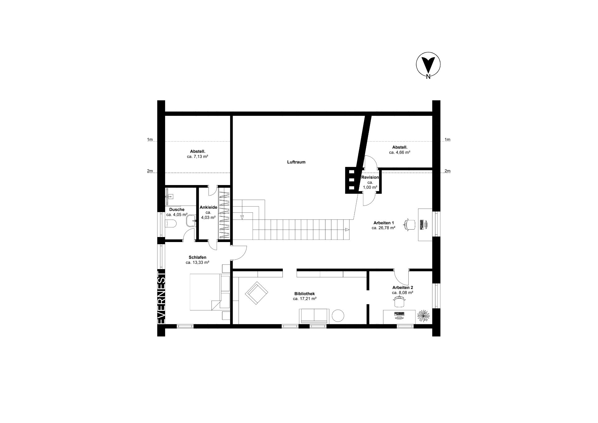 Grundriss mit Schlafzimmer, Dusche, Ankleide, Bibliothek, zwei Arbeitszimmern und Abstellräumen.