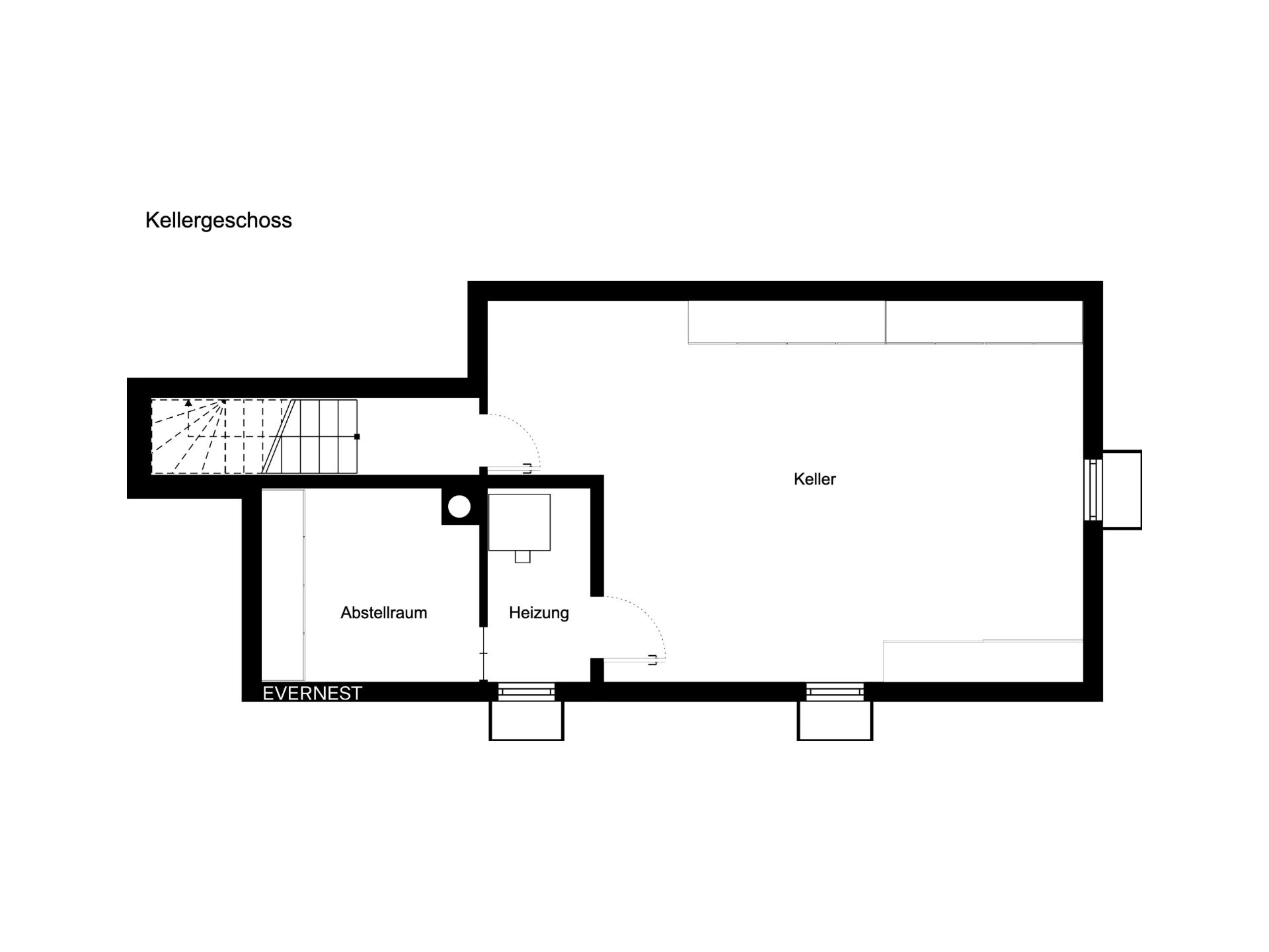 Grundriss eines Kellers mit Abstellraum, Heizungsraum und Treppe.