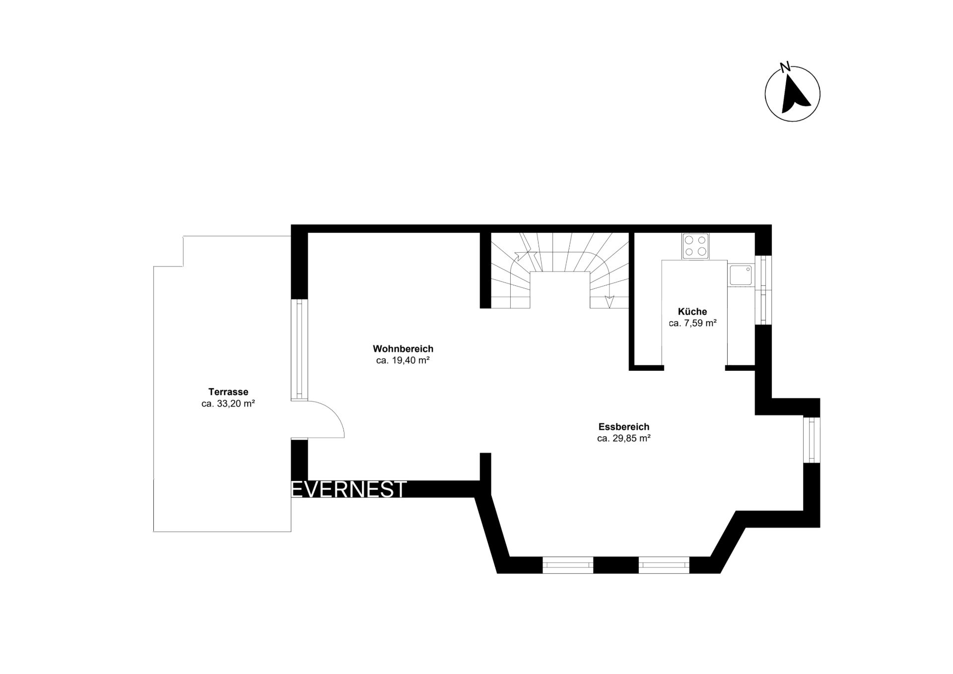 Grundriss mit Terrasse, Wohnbereich, Essbereich und Küche. Räume sind beschriftet.