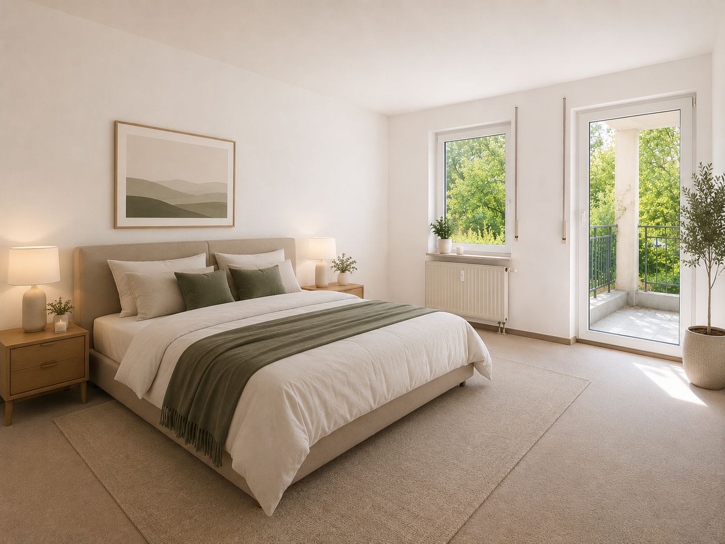Helles Schlafzimmer mit großem Bett, zwei Nachttischen, Fenster und Zugang zu einem Balkon.
