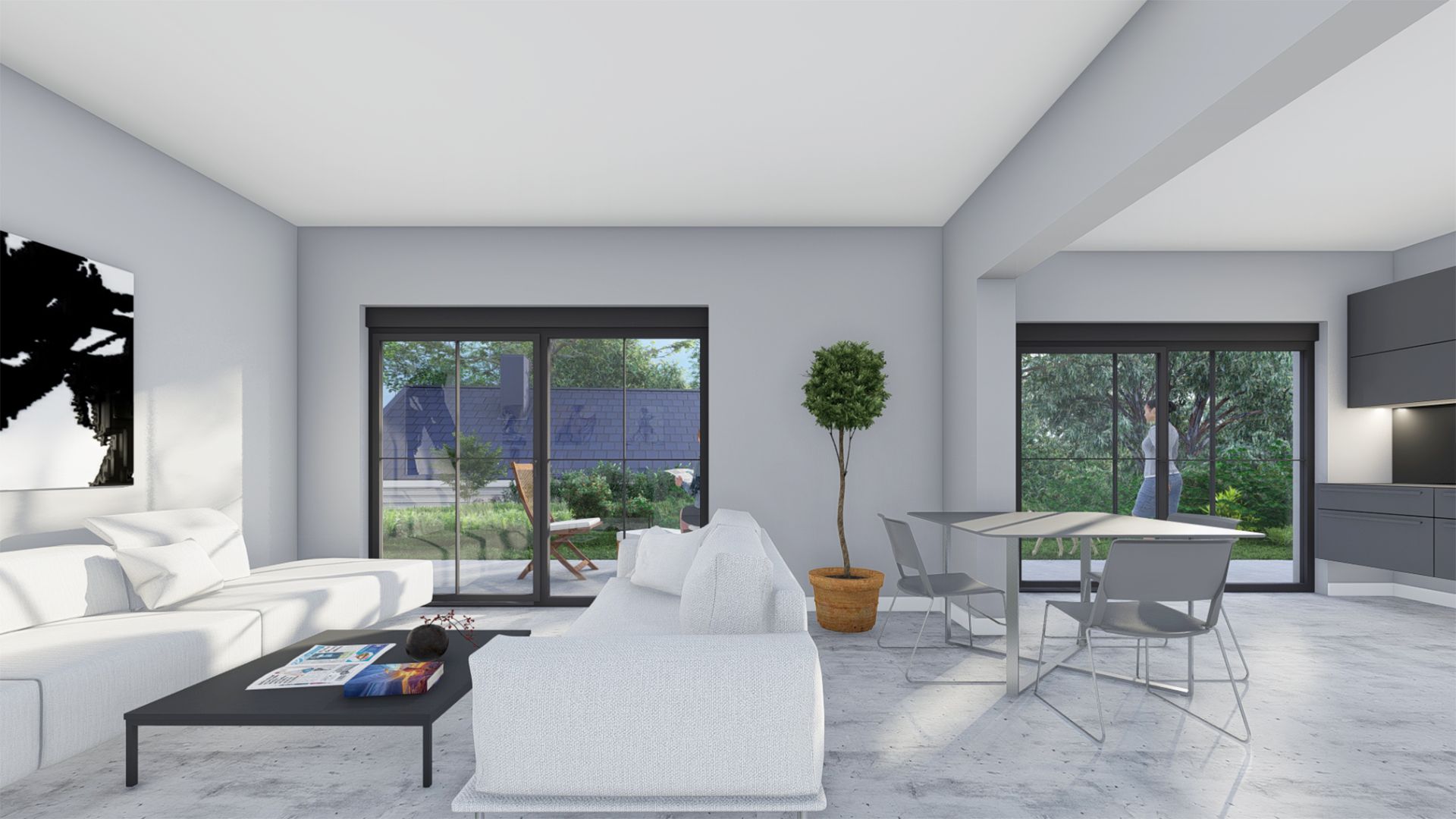 Helles Wohnzimmer mit weißem Sofa, Esstisch, großem Fenster und Blick in den Garten.