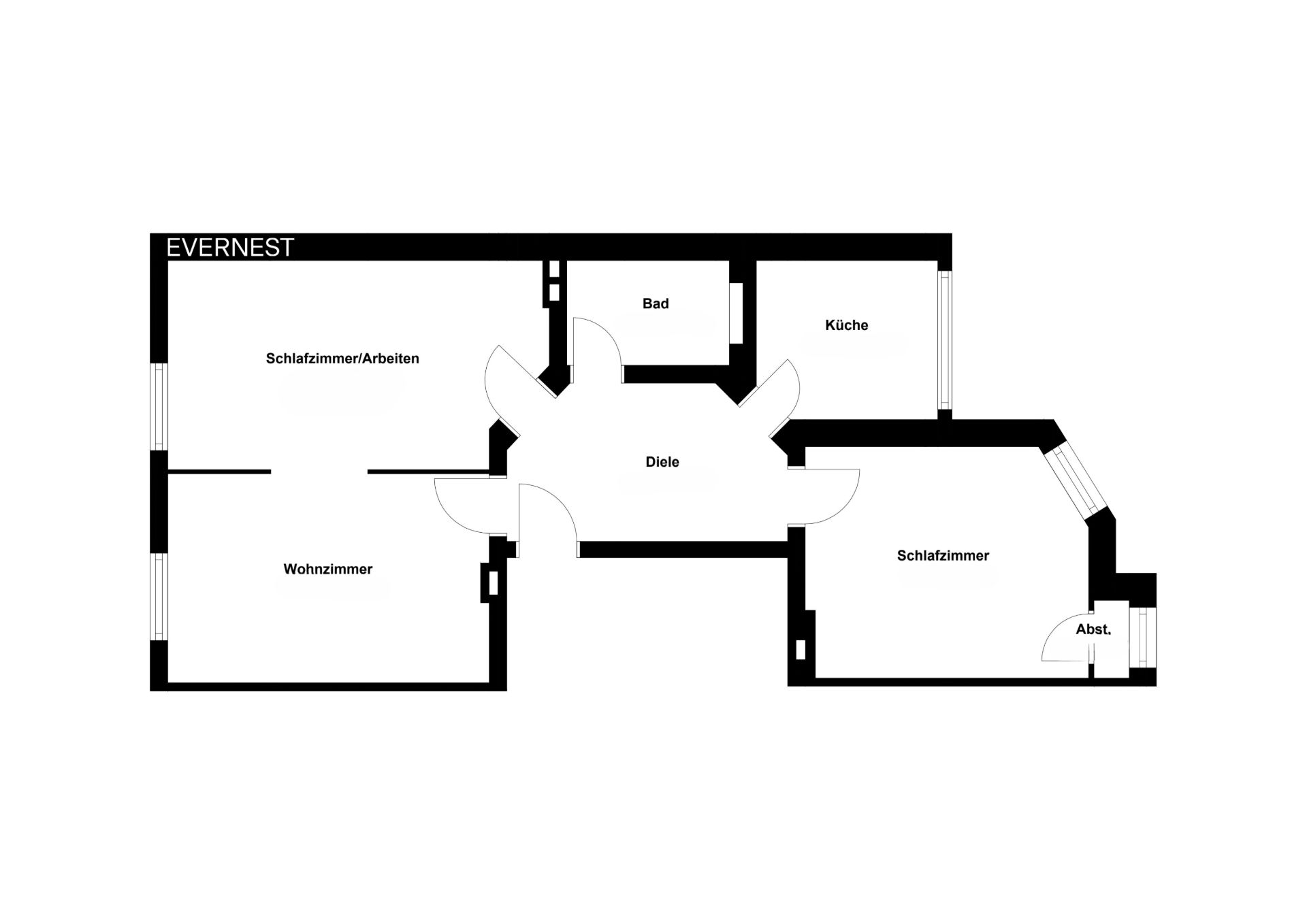 Grundriss einer Wohnung mit Wohnzimmer, Schlafzimmer, Bad, Küche und Abstellraum.