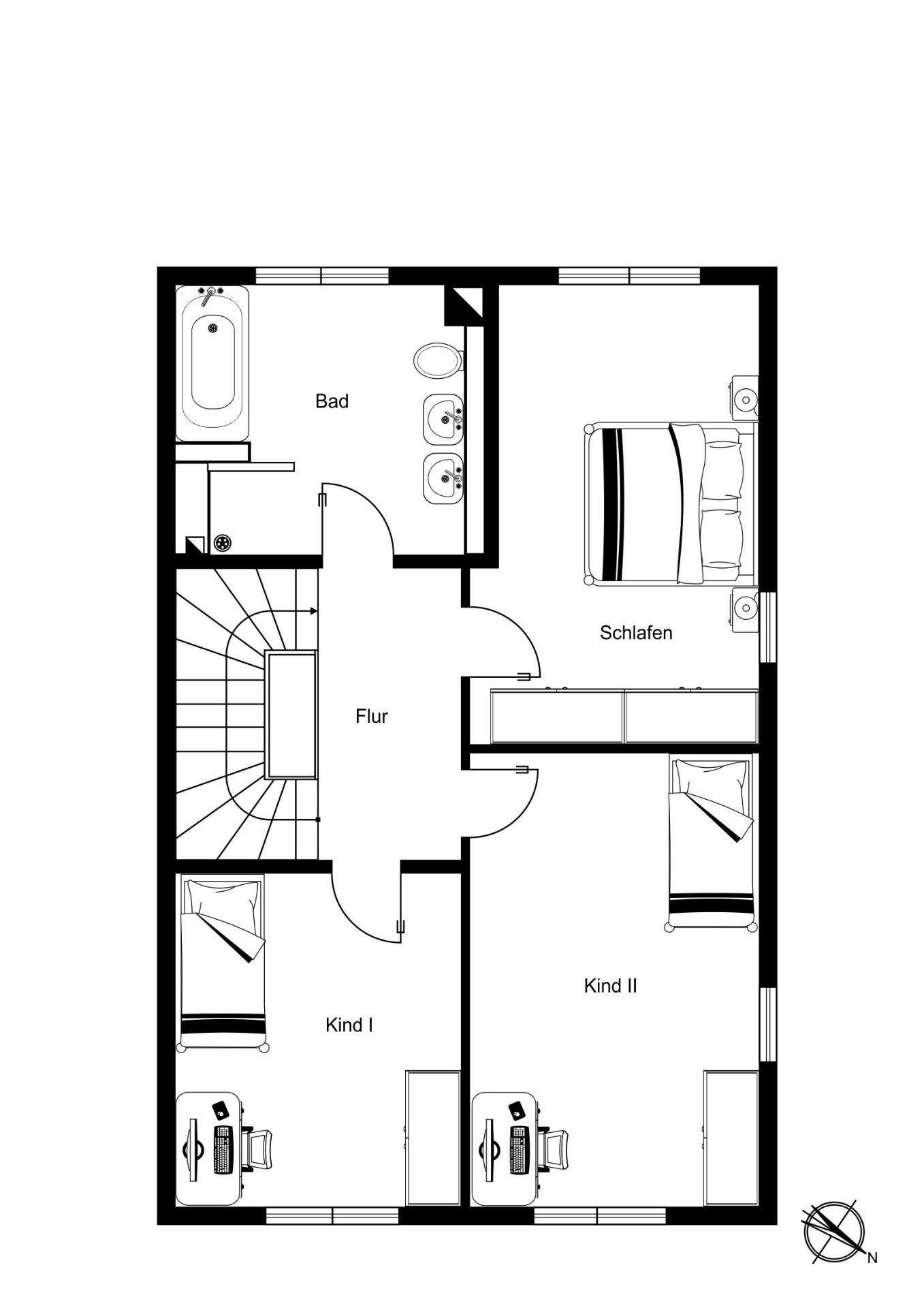 Grundriss zeigt Flur, Bad, Schlafzimmer und zwei Kinderzimmer mit Betten und Schreibtischen.