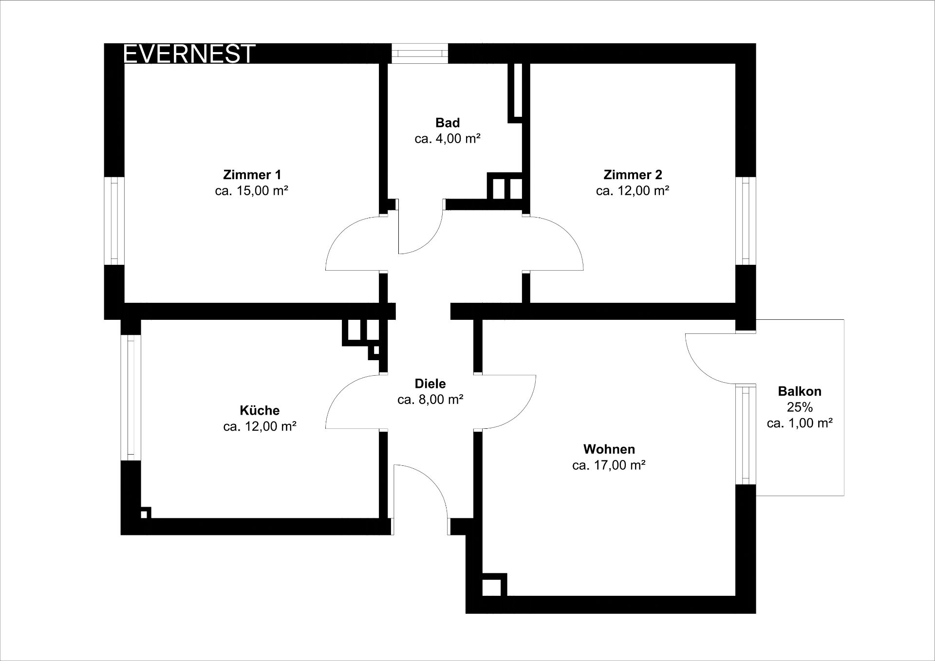 Grundriss einer Wohnung mit zwei Zimmern, Küche, Bad, Diele, Wohnen und Balkon.