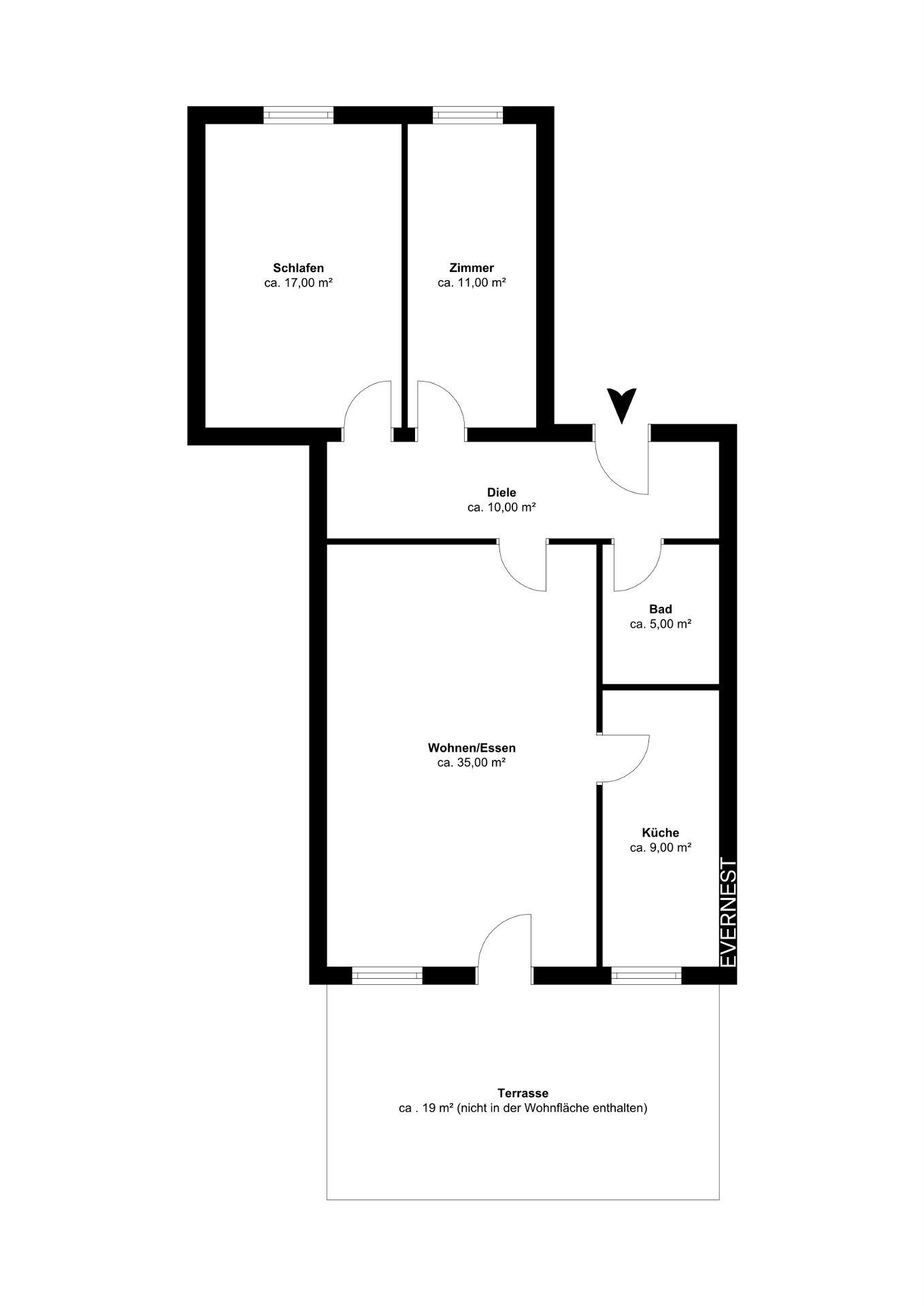 Grundriss einer Wohnung mit Schlafzimmer, Zimmer, Bad, Küche, Wohn-/Essbereich und Terrasse.