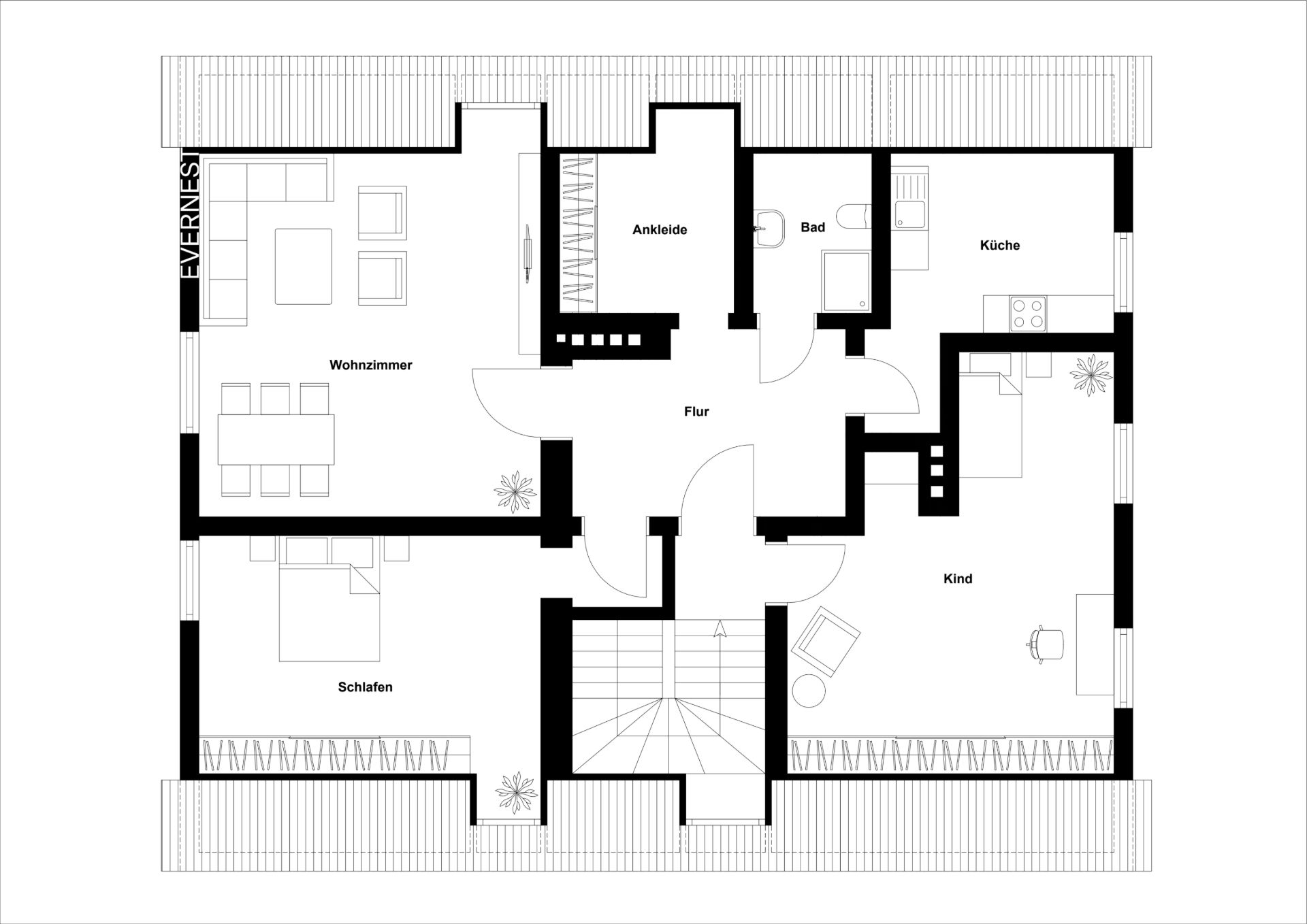 Grundriss einer Wohnung mit Wohnzimmer, Schlafzimmer, Küche, Bad, Kinderzimmer und Ankleide.