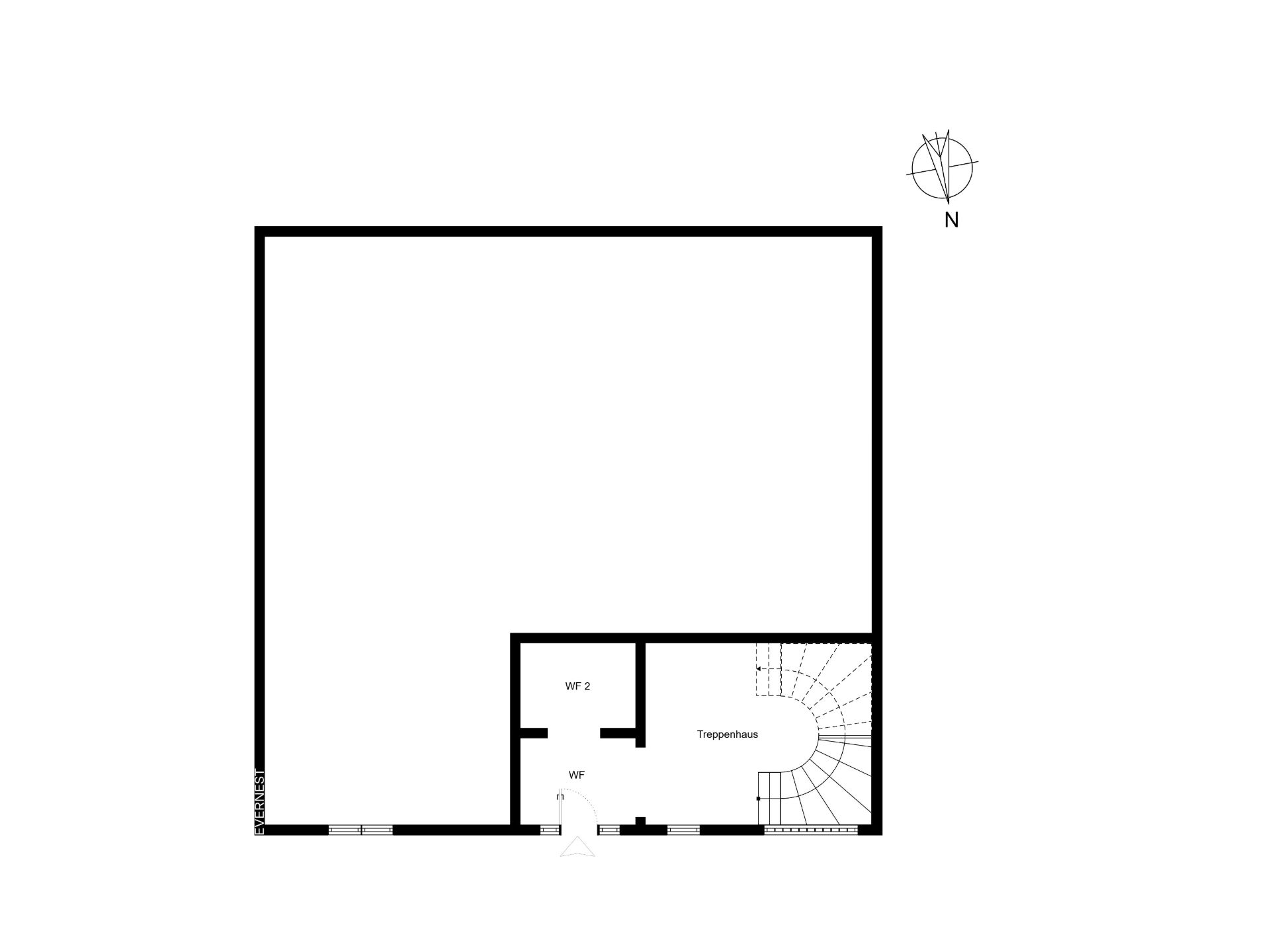 Grundriss mit großem Raum, kleinem Flur, WC und Treppenhaus unten rechts.