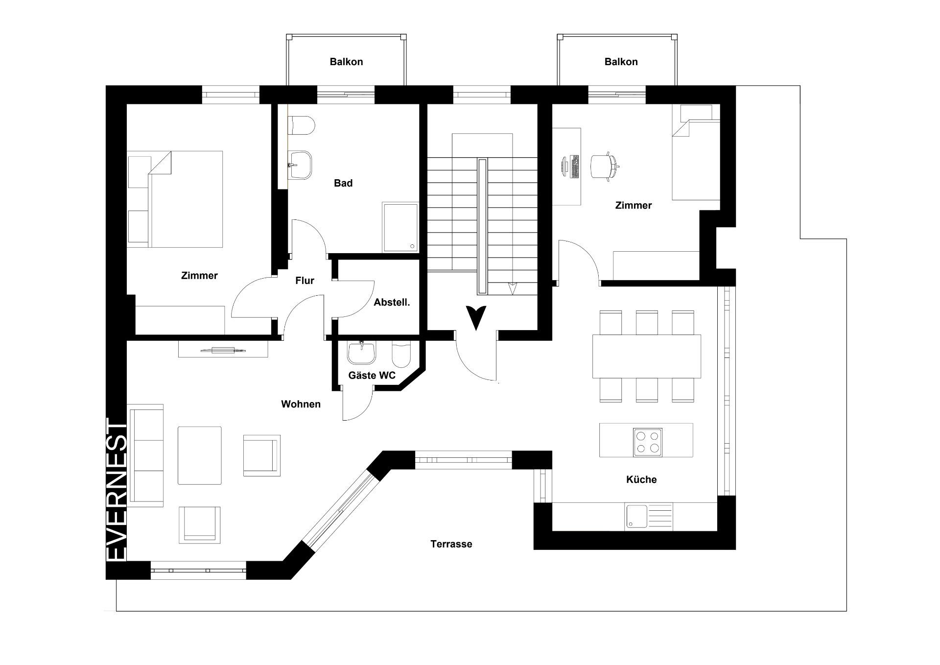 Grundriss einer Wohnung mit Wohnzimmer, zwei Zimmern, Küche, Bad, Gäste WC, Terrasse und Balkonen.