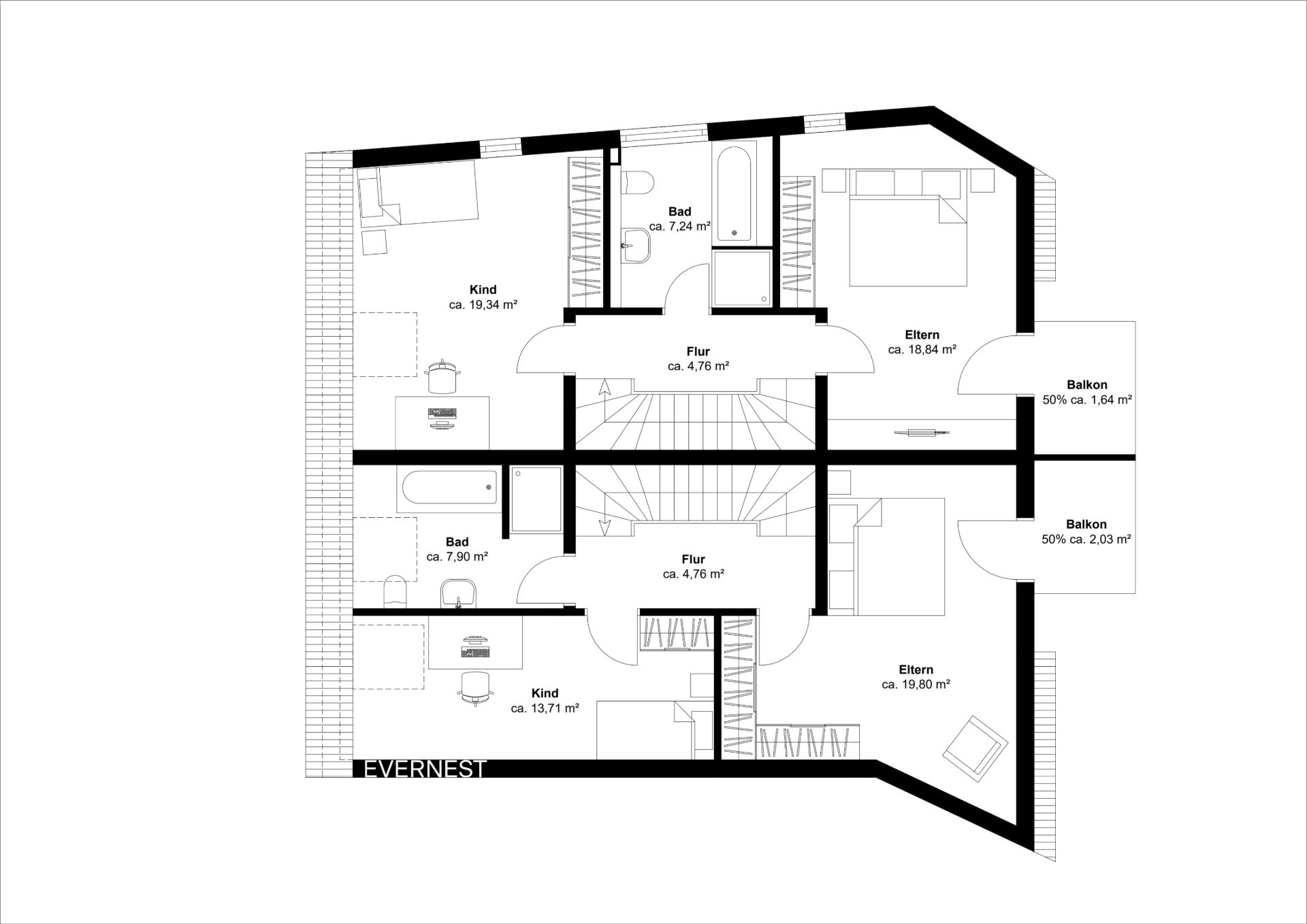 Grundriss einer Wohnung mit zwei Elternschlafzimmern, zwei Kinderzimmern, zwei Bädern und zwei Balkonen.