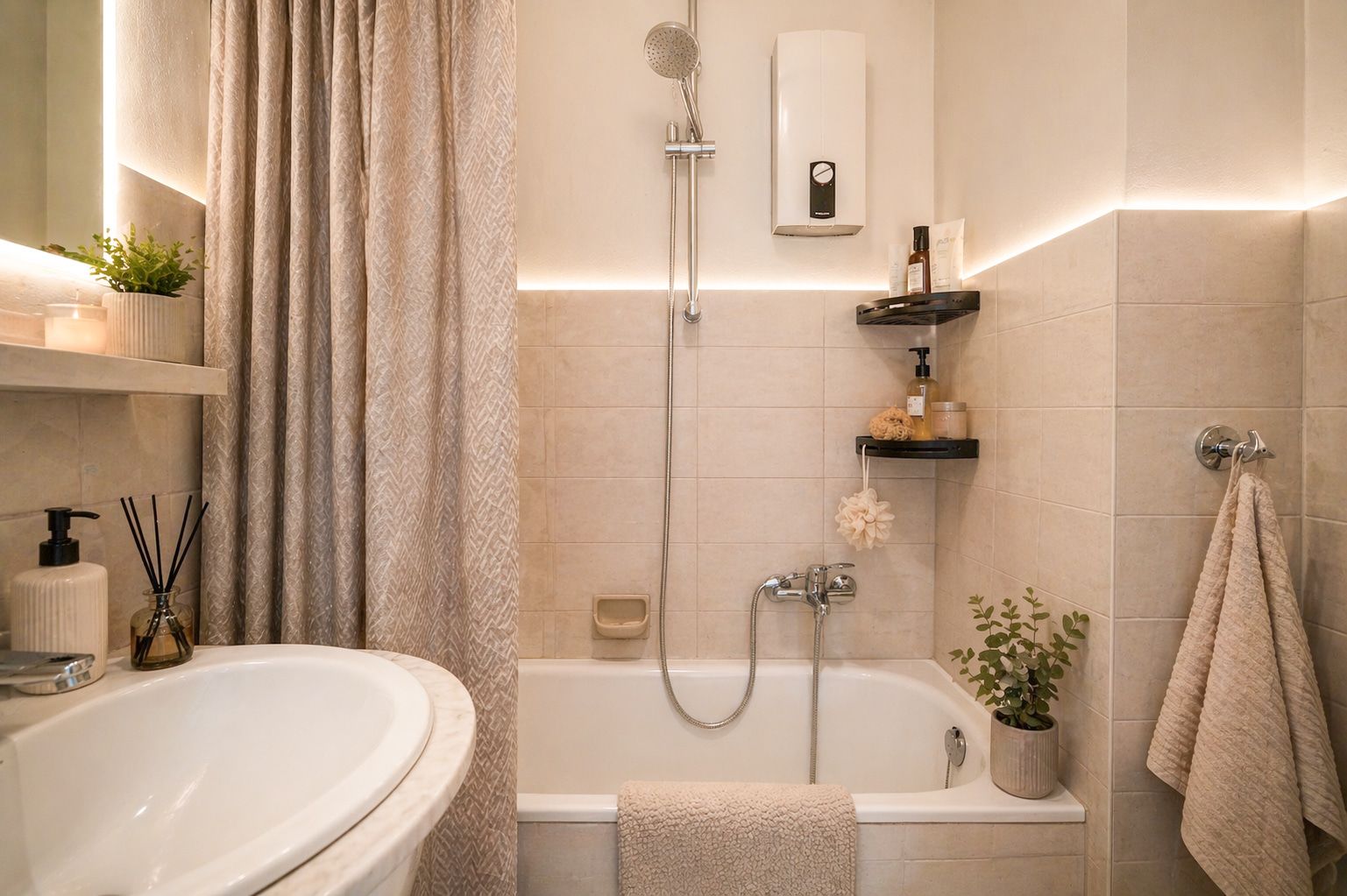 Kleines Badezimmer mit Badewanne, Duschvorhang, Regal, Handtüchern und Pflanzen.