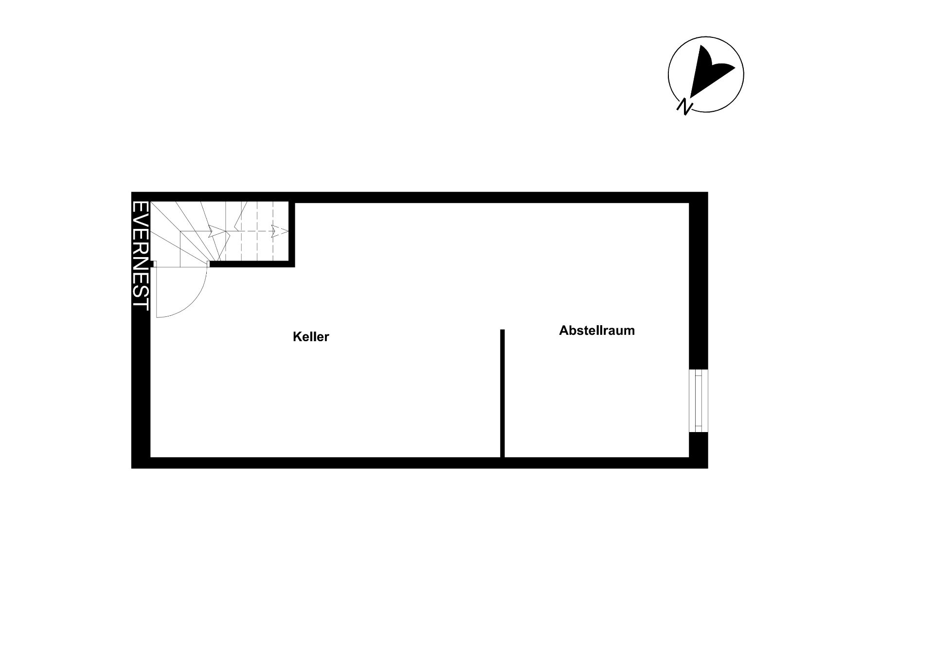 Grundriss mit Keller und Abstellraum, Treppe und Eingang links oben.