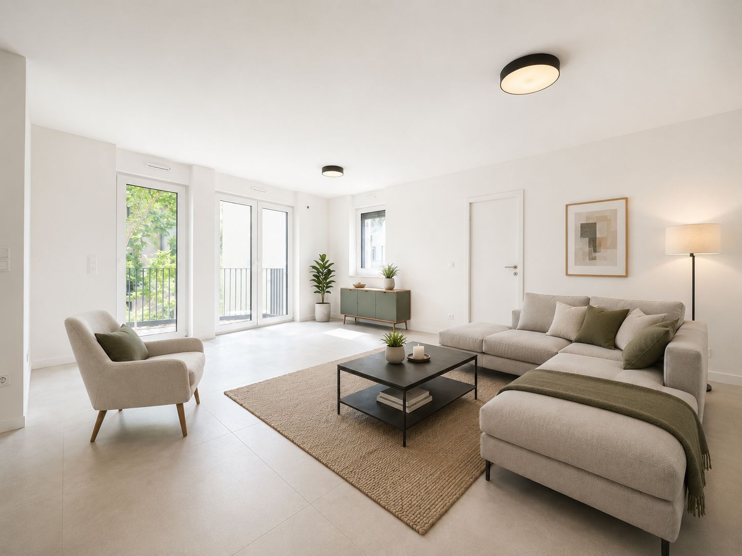 Modernes, helles Wohnzimmer mit Sofa, Sessel, Teppich und Pflanzen, große Fenster im Hintergrund.