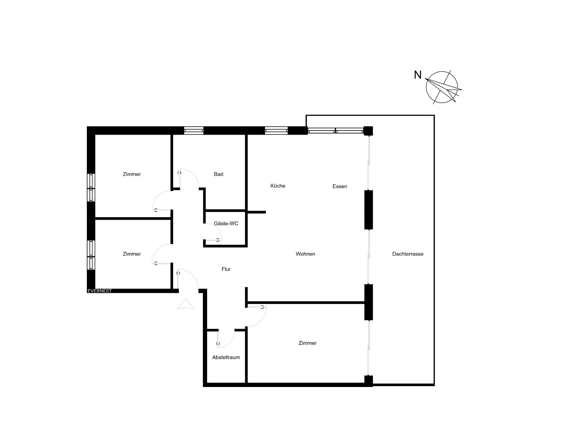 Grundriss einer Wohnung mit Zimmern, Küche, Bad, Gäste-WC und Dachterrasse.
