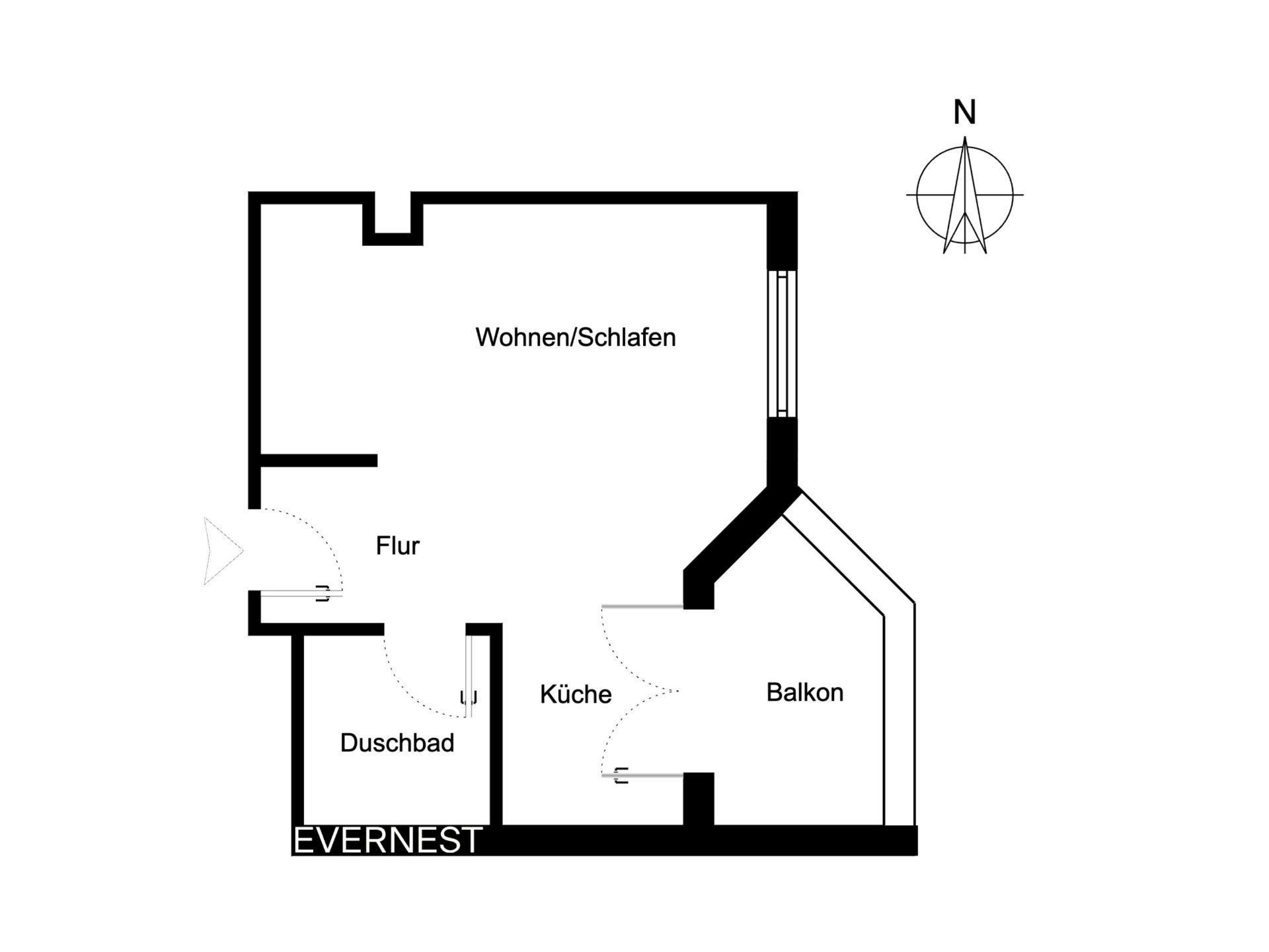 Grundriss einer Wohnung mit Wohn-/Schlafraum, Flur, Duschbad, Küche und Balkon.