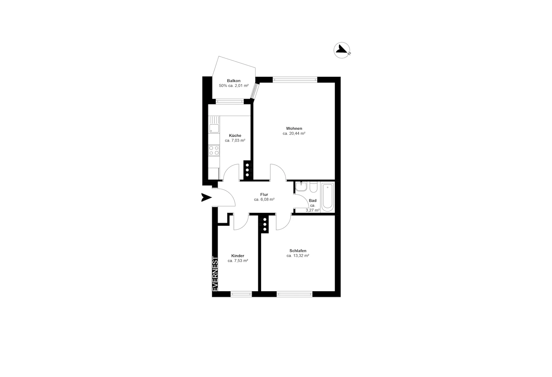 Wohnungsgrundriss mit Wohnzimmer, Küche, Bad, Schlafzimmer, Kinderzimmer, Flur und Balkon.