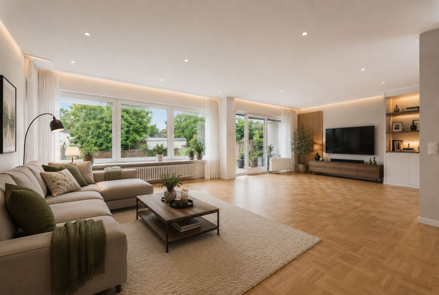 Helles Wohnzimmer mit großem Sofa, Couchtisch, Fernseher, Holzfußboden und großen Fenstern.