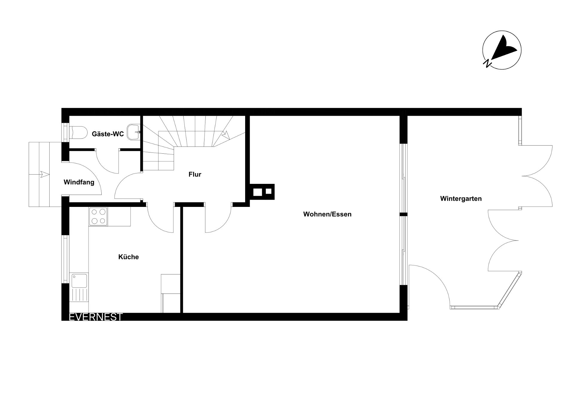 Grundriss eines Hauses mit Küche, Flur, Gäste-WC, Wohnen/Essen und Wintergarten.