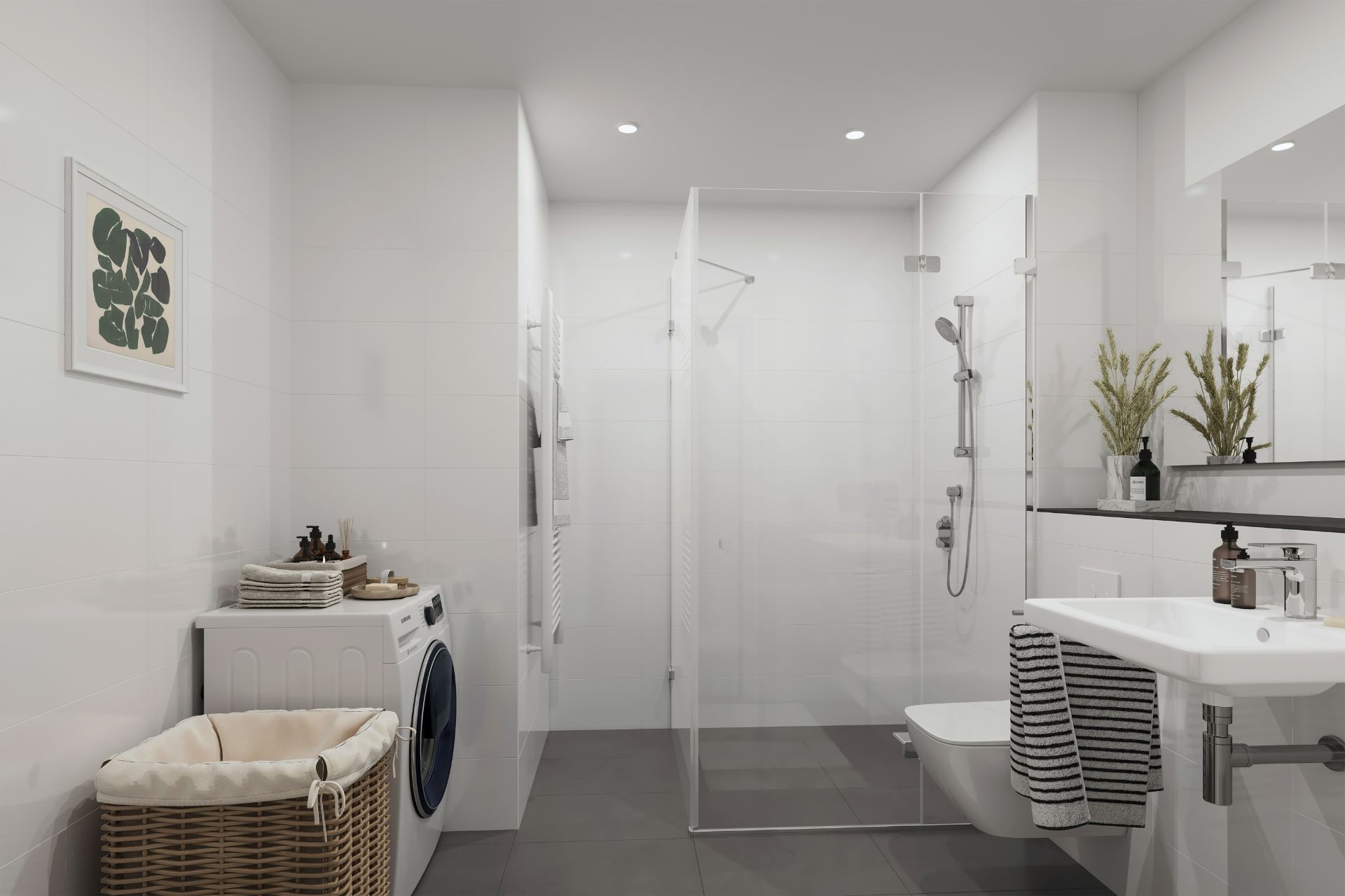 Modernes Badezimmer mit Dusche, Waschmaschine, Korb und Waschbecken.