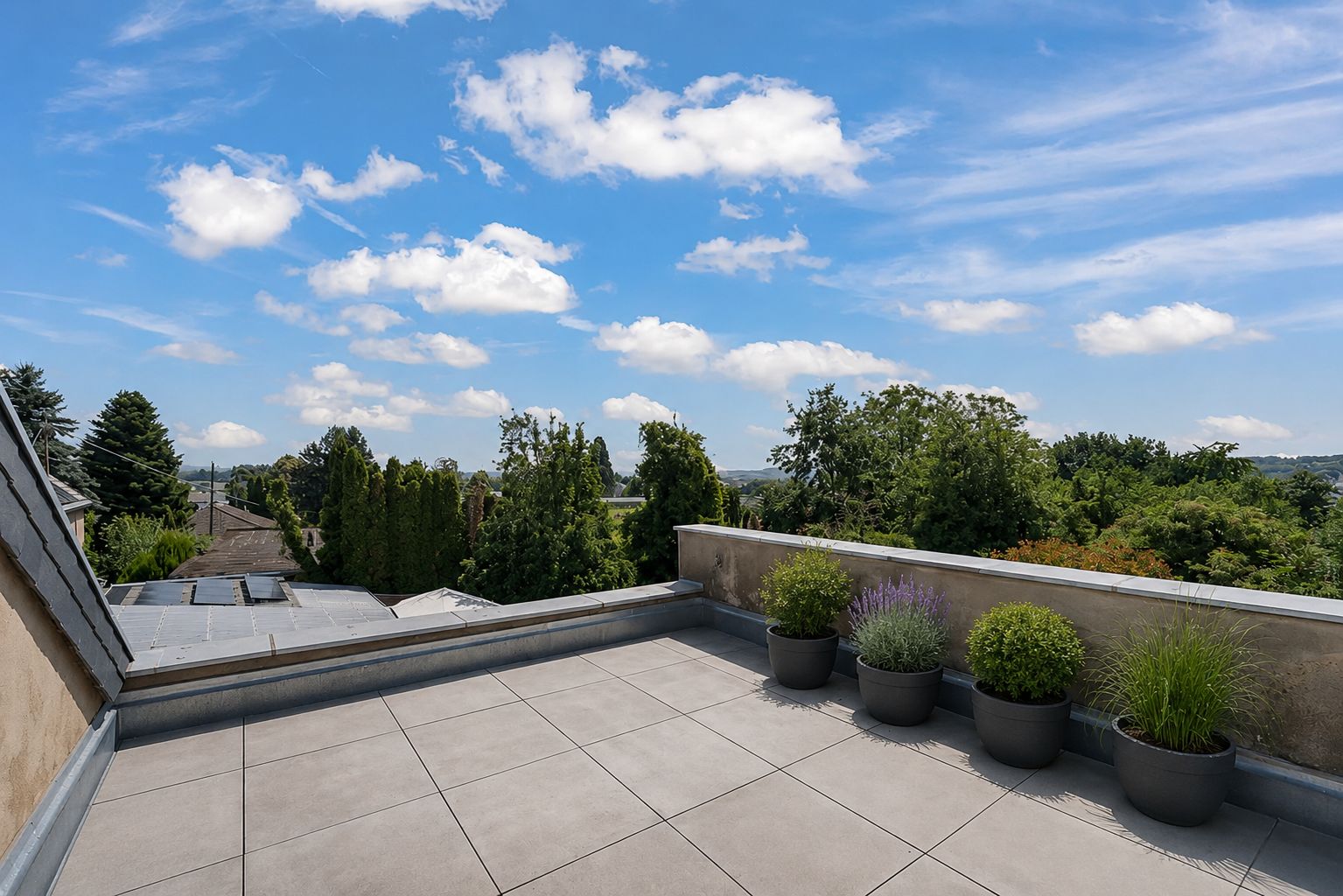 Dachterrasse mit fünf Pflanzkübeln und Blick auf Bäume unter blauem Himmel.