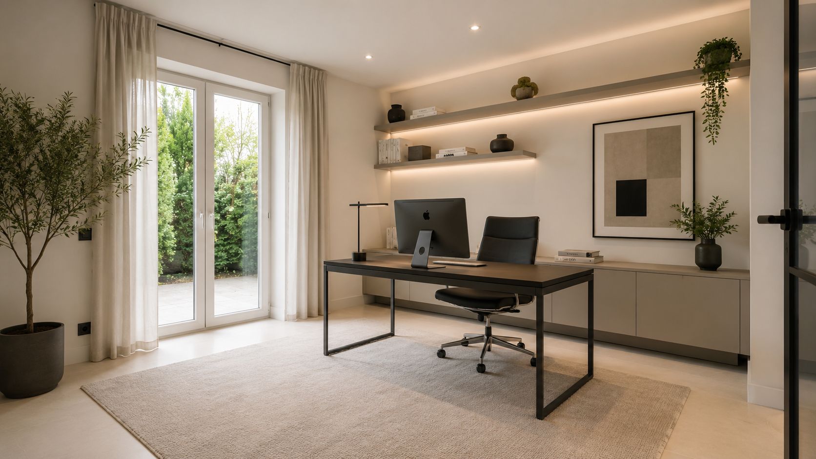 Modernes Arbeitszimmer mit Schreibtisch, Computer, Regal und großen Fenstern mit Blick auf den Garten.