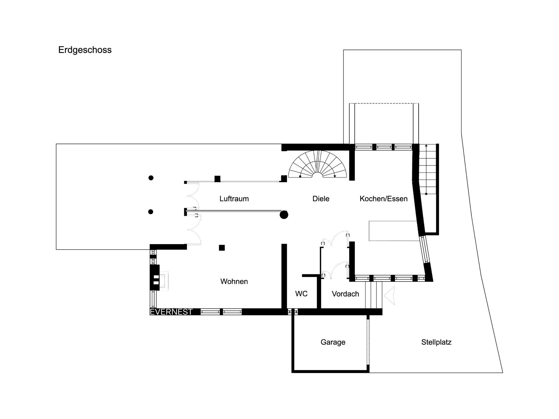 Grundriss des Erdgeschosses mit Wohnen, Kochen/Essen, Diele, WC, Garage und Stellplatz.