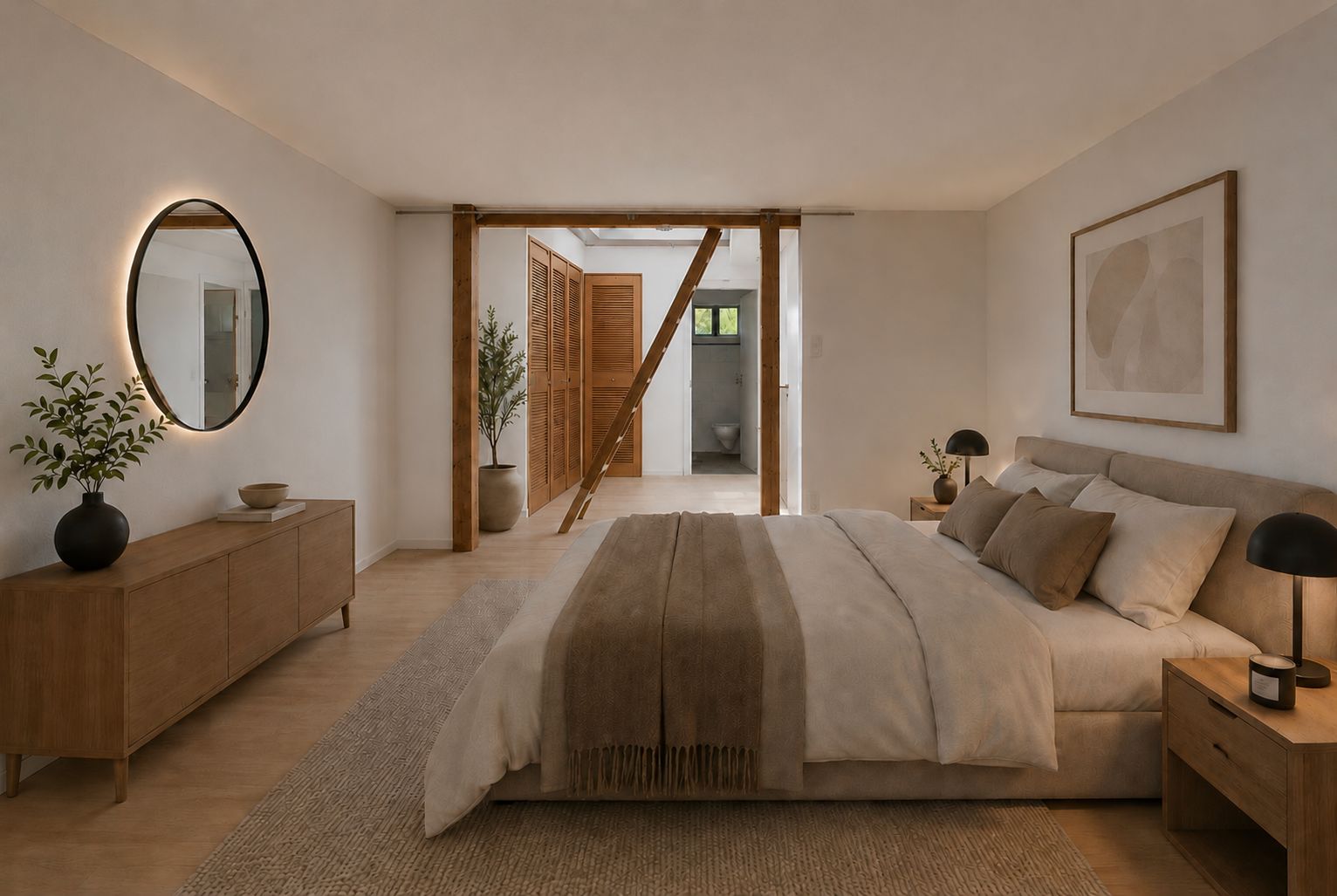 Modernes Schlafzimmer mit Doppelbett, Holzmöbeln und runder Spiegel über einer Kommode.