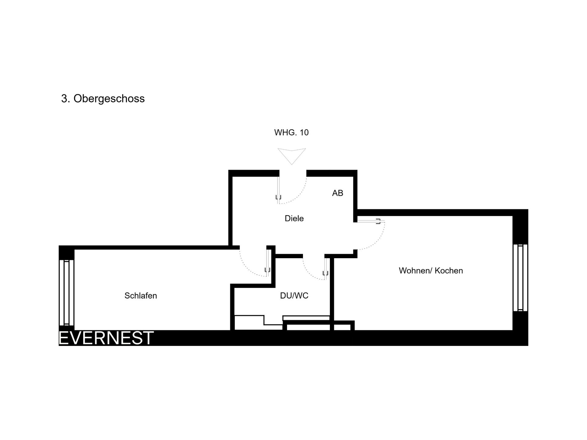 Grundriss einer Wohnung mit Schlafraum, Bad, Abstellraum und Wohnküche.