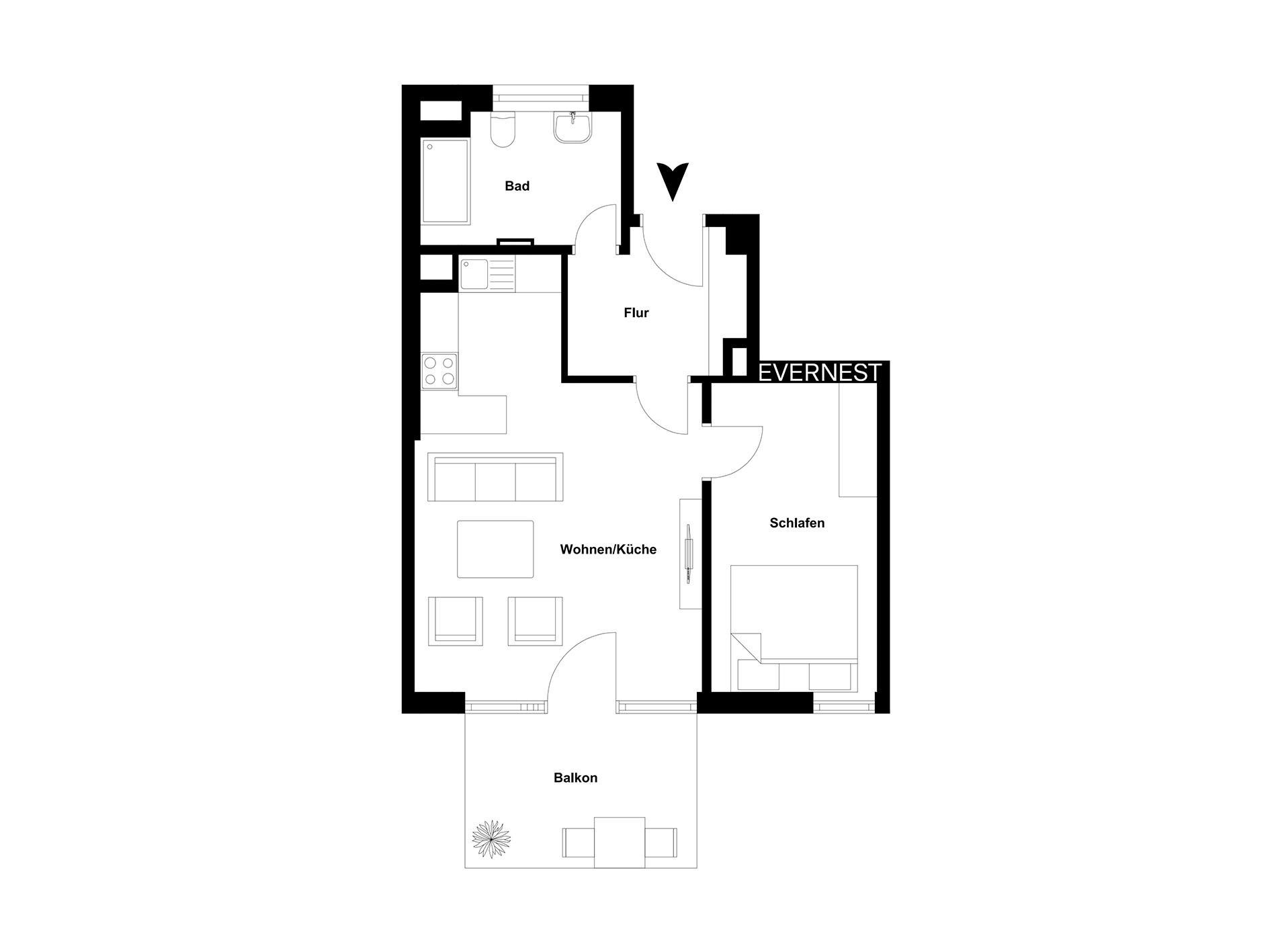 Grundriss einer Wohnung mit Schlafzimmer, Bad, Wohnküche, Flur und Balkon.