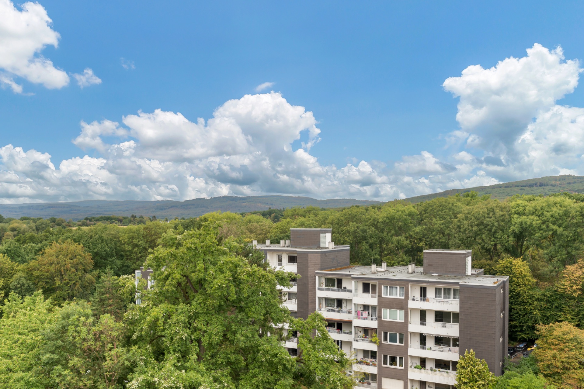 Wohngebäude mit mehreren Etagen, umgeben von vielen grünen Bäumen und blauem Himmel.
