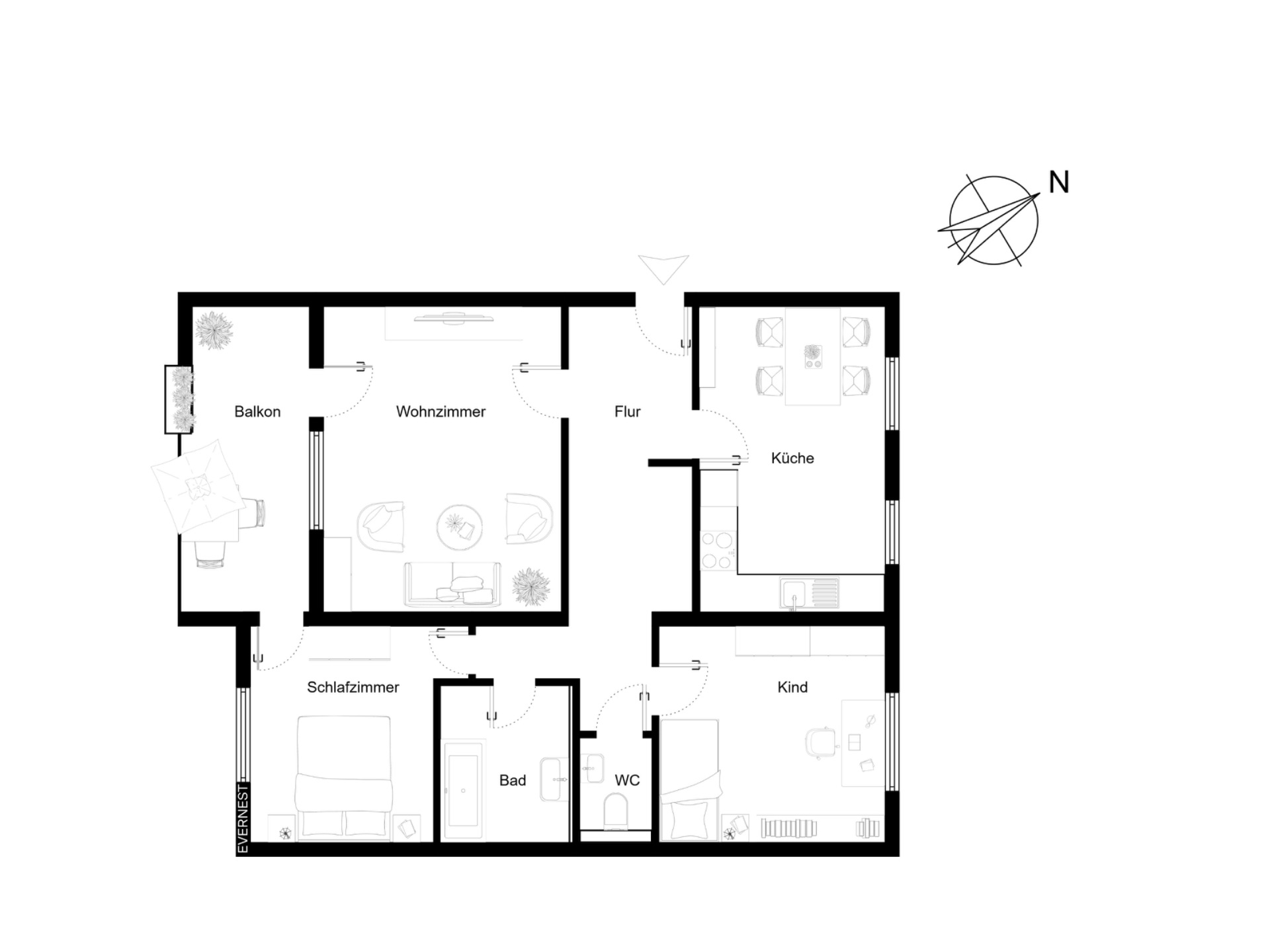 Grundriss einer Wohnung mit Schlafzimmer, Kinderzimmer, Wohnzimmer, Küche, Bad, WC und Balkon.
