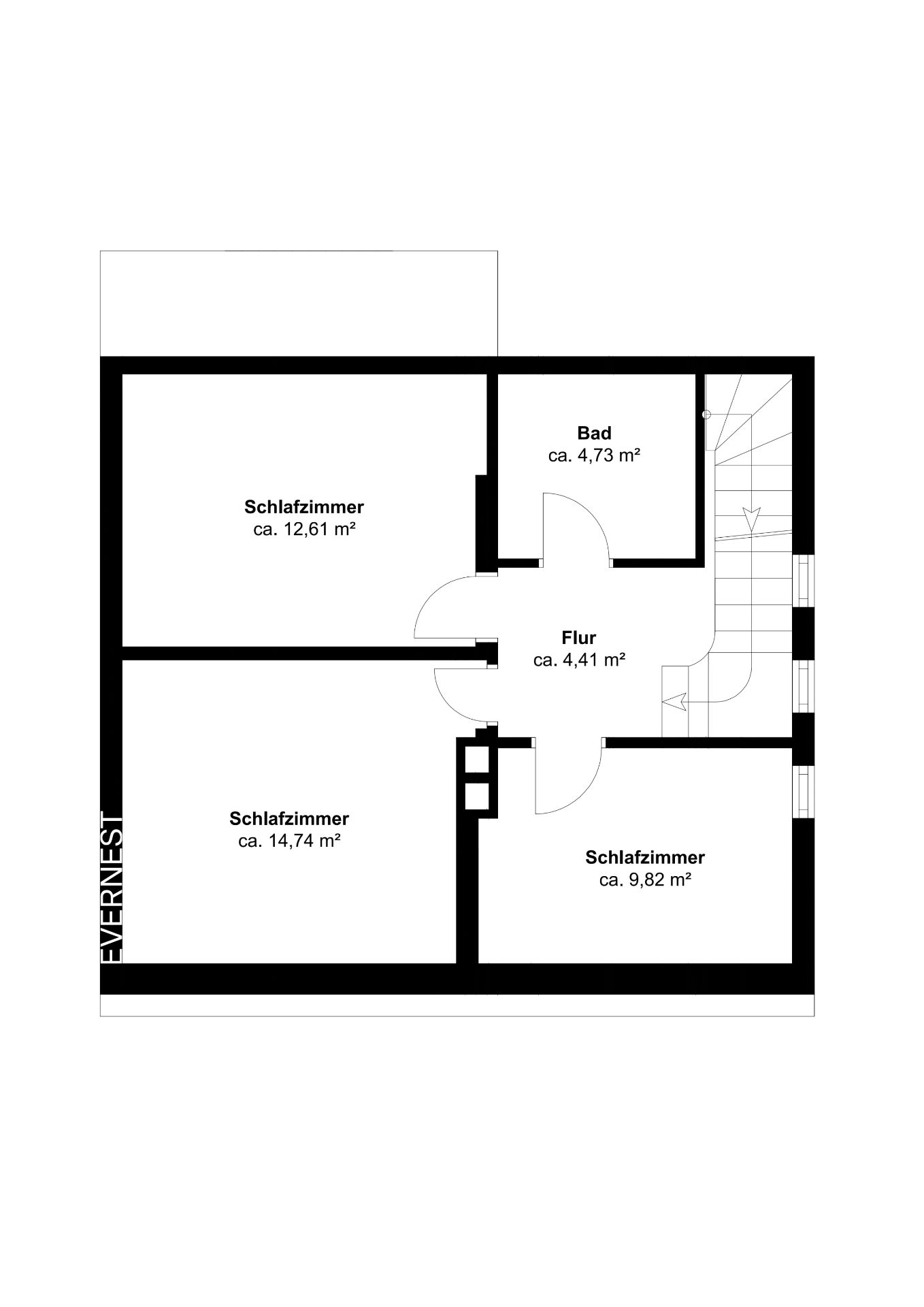 Grundriss mit drei Schlafzimmern, einem Bad und Flur, Größenangaben in Quadratmetern.