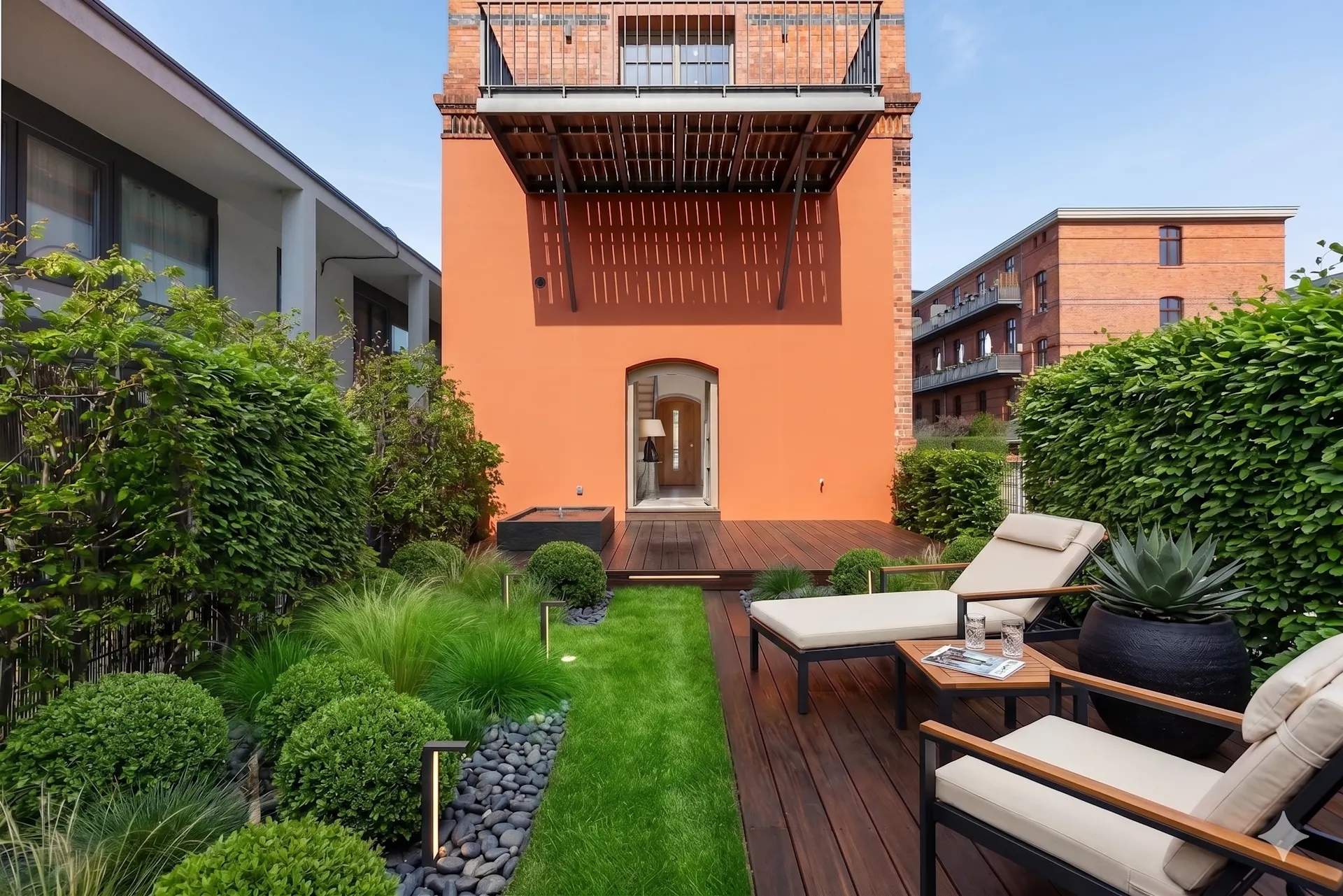 Gepflegter Garten mit Rasen, Holzdielen, Lounge-Möbeln und moderner Bepflanzung vor einem Wohnhaus.