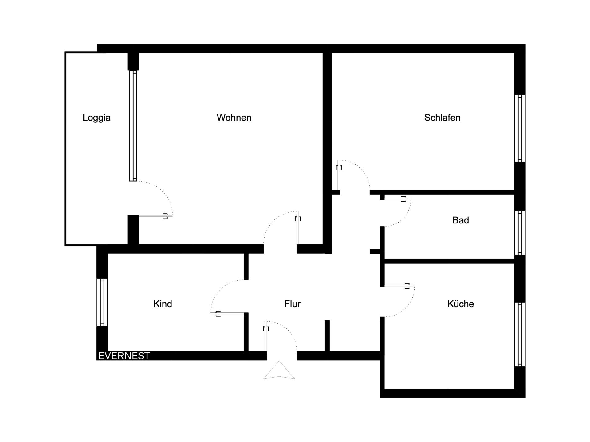 Grundriss einer Wohnung mit Loggia, Wohnzimmer, Schlafzimmer, Kinderzimmer, Bad, Küche und Flur.