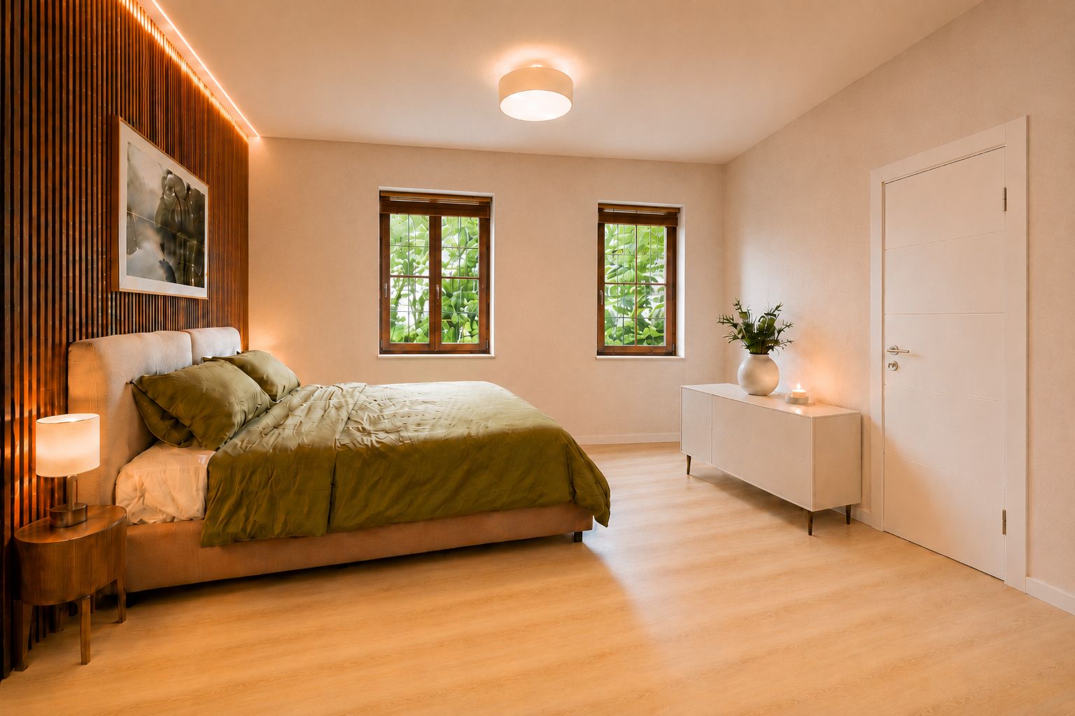 Modernes Schlafzimmer mit grünem Bett, Holzwand, Kommode und zwei Fenstern.