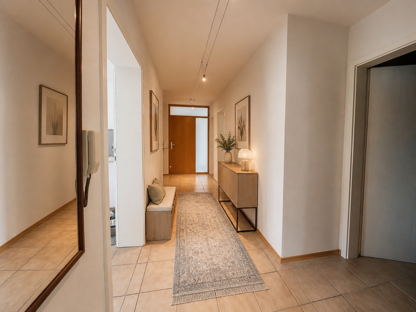 Heller Flur mit Teppichläufer, Sideboard, Dekorationen und Holztür am Ende.