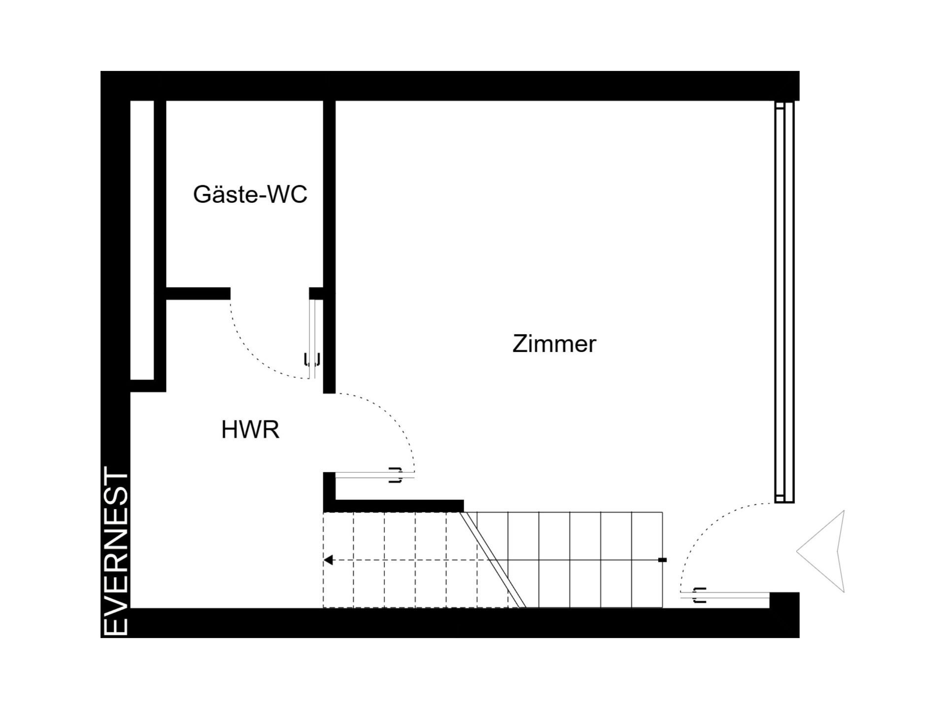 Grundriss mit Zimmer, Gäste-WC, HWR und Treppe.