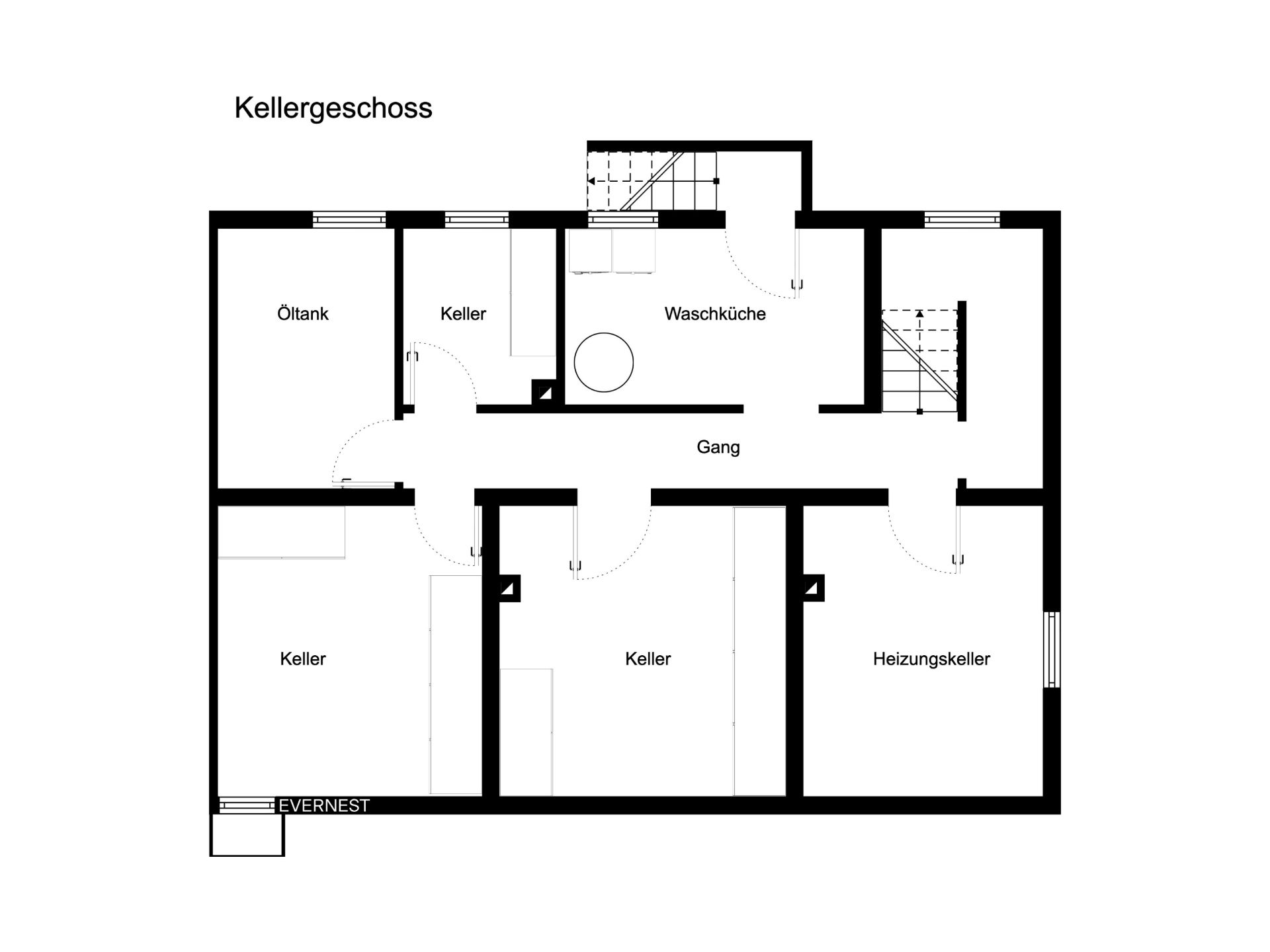 Grundriss des Kellergeschosses mit mehreren Kellerräumen, Waschküche und Heizungsraum.