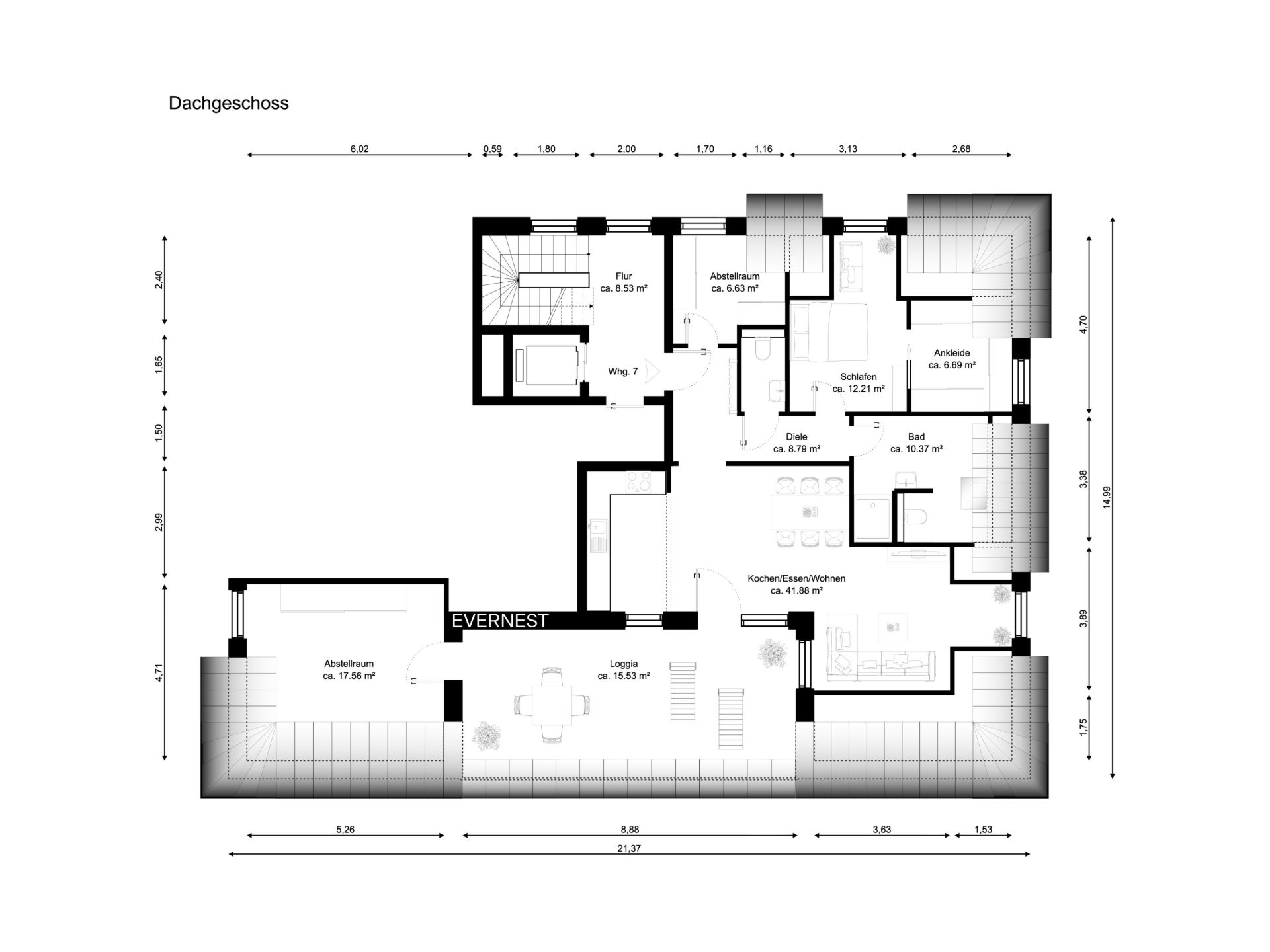 Grundriss einer Dachgeschosswohnung mit Zimmeraufteilung und Maßen.