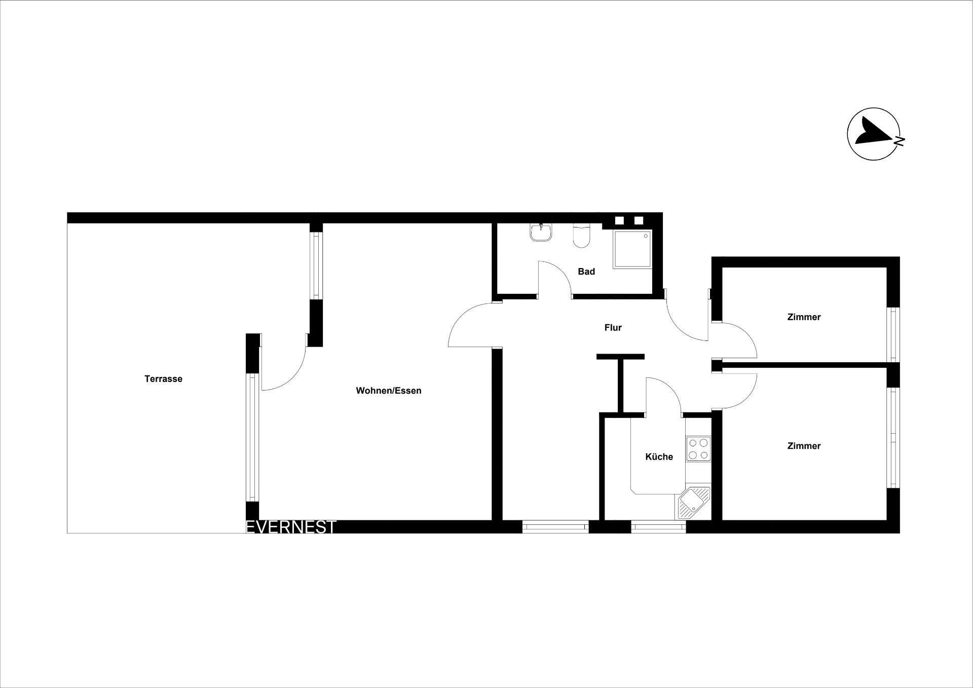 Grundriss einer Wohnung mit Terrasse, Wohnzimmer, Küche, Bad, Flur und zwei Zimmern.