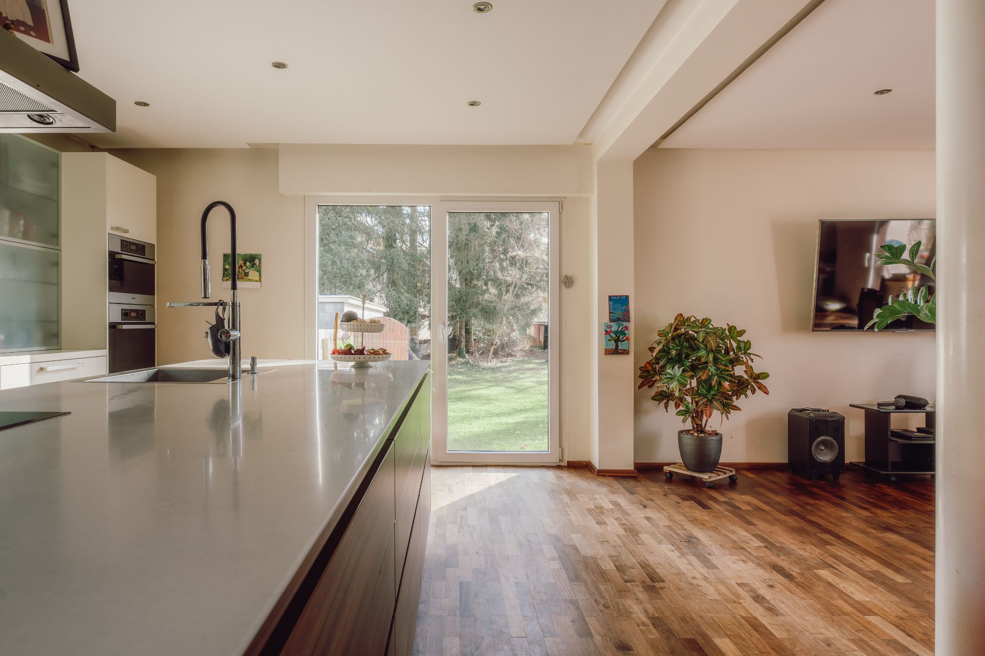 Moderne Küche mit Kochinsel, Wohnzimmer mit Pflanze und Fernseher, große Glastür zum Garten.