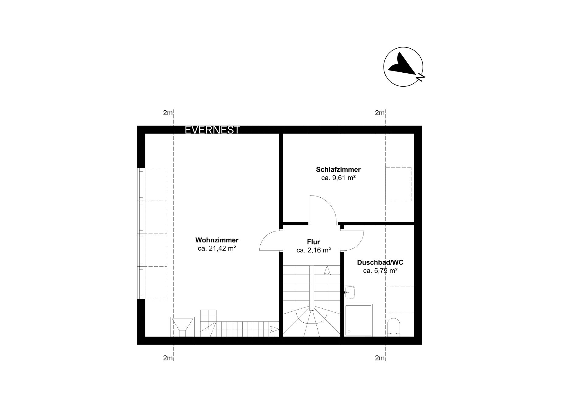 Grundriss mit Wohnzimmer, Schlafzimmer, Flur und Duschbad/WC.