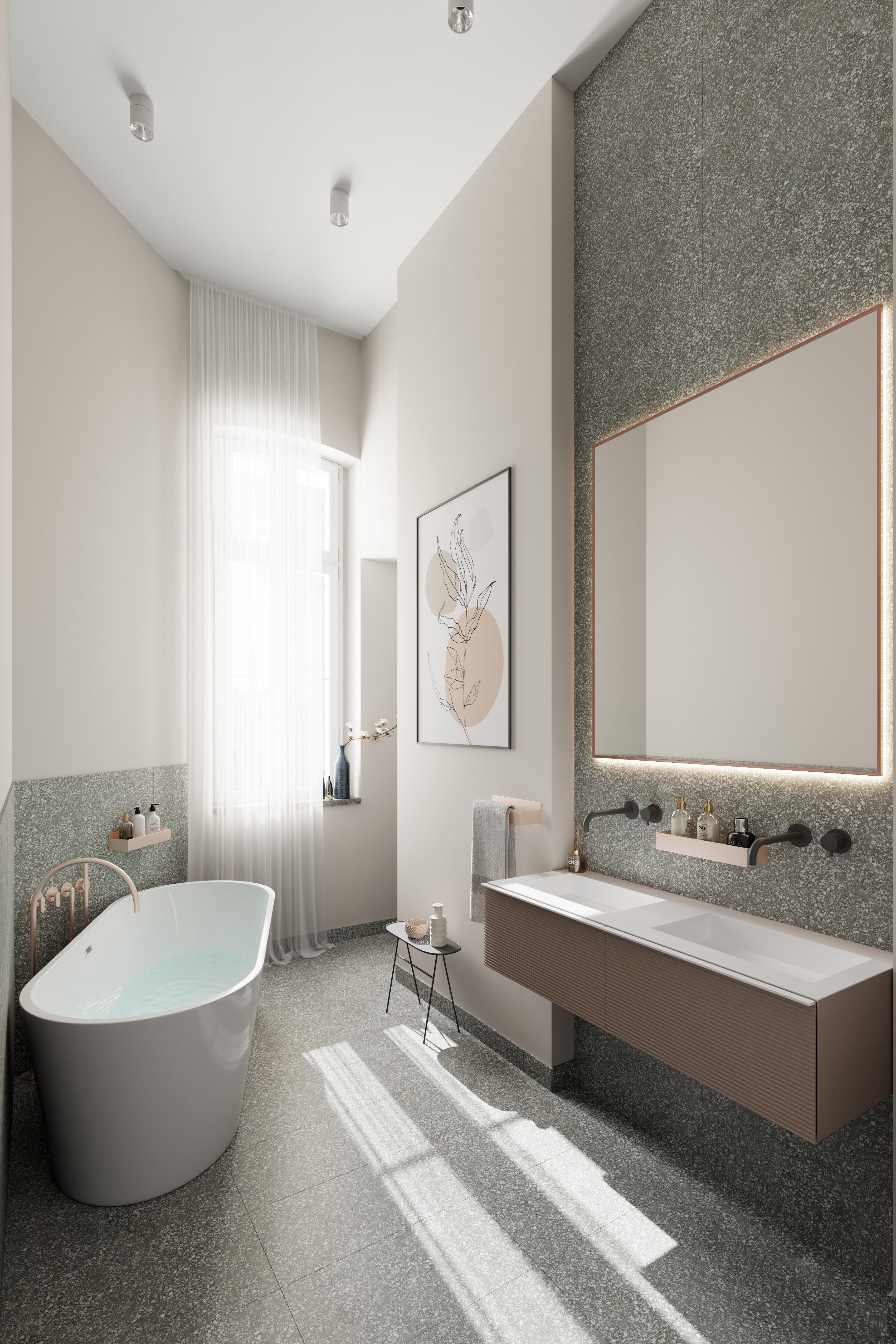 Modernes Badezimmer mit freistehender Badewanne, großem Spiegel und Fenster mit weißem Vorhang.
