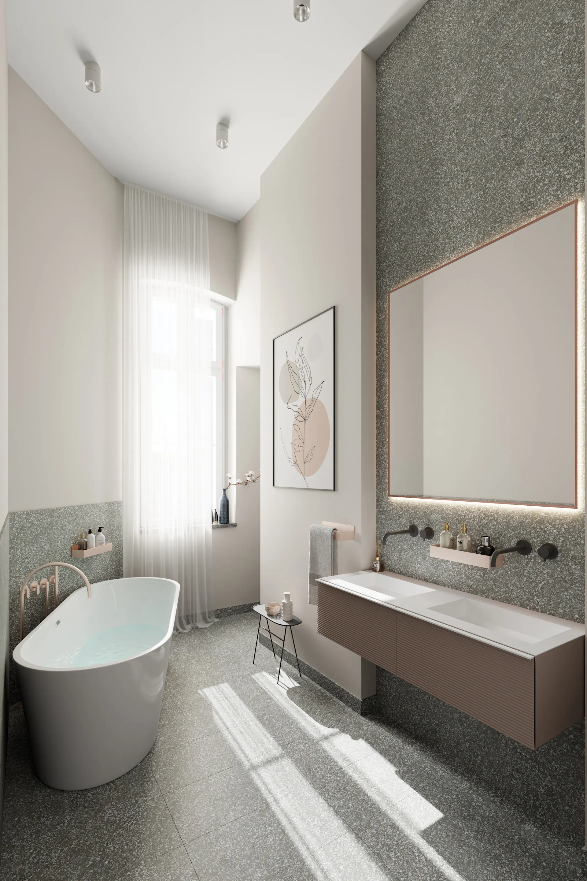 Modernes Badezimmer mit freistehender Badewanne, großem Spiegel und Fenster mit weißem Vorhang.