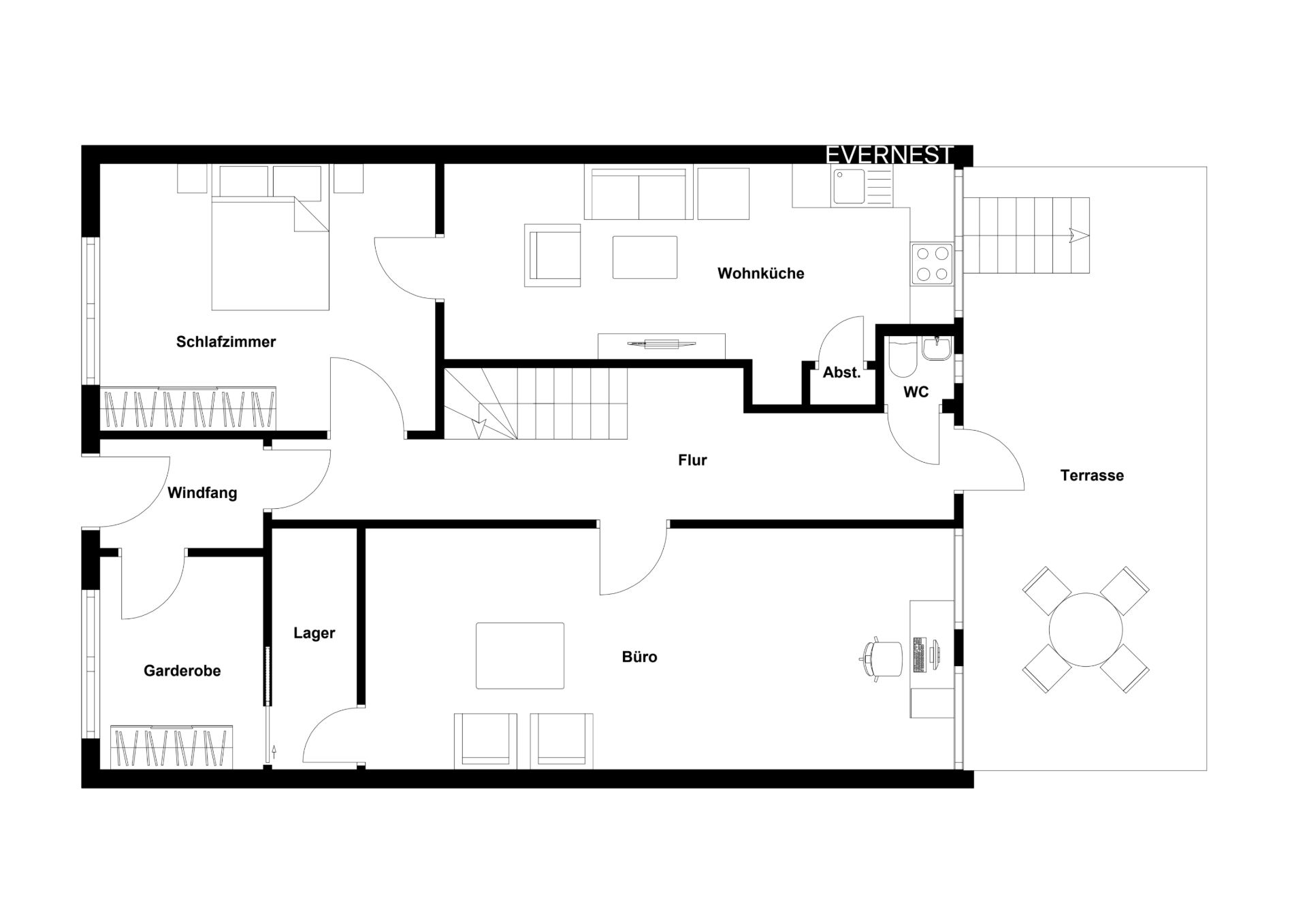 Grundriss einer Wohnung mit Schlafzimmer, Wohnküche, WC, Büro, Lager, Garderobe und Terrasse.