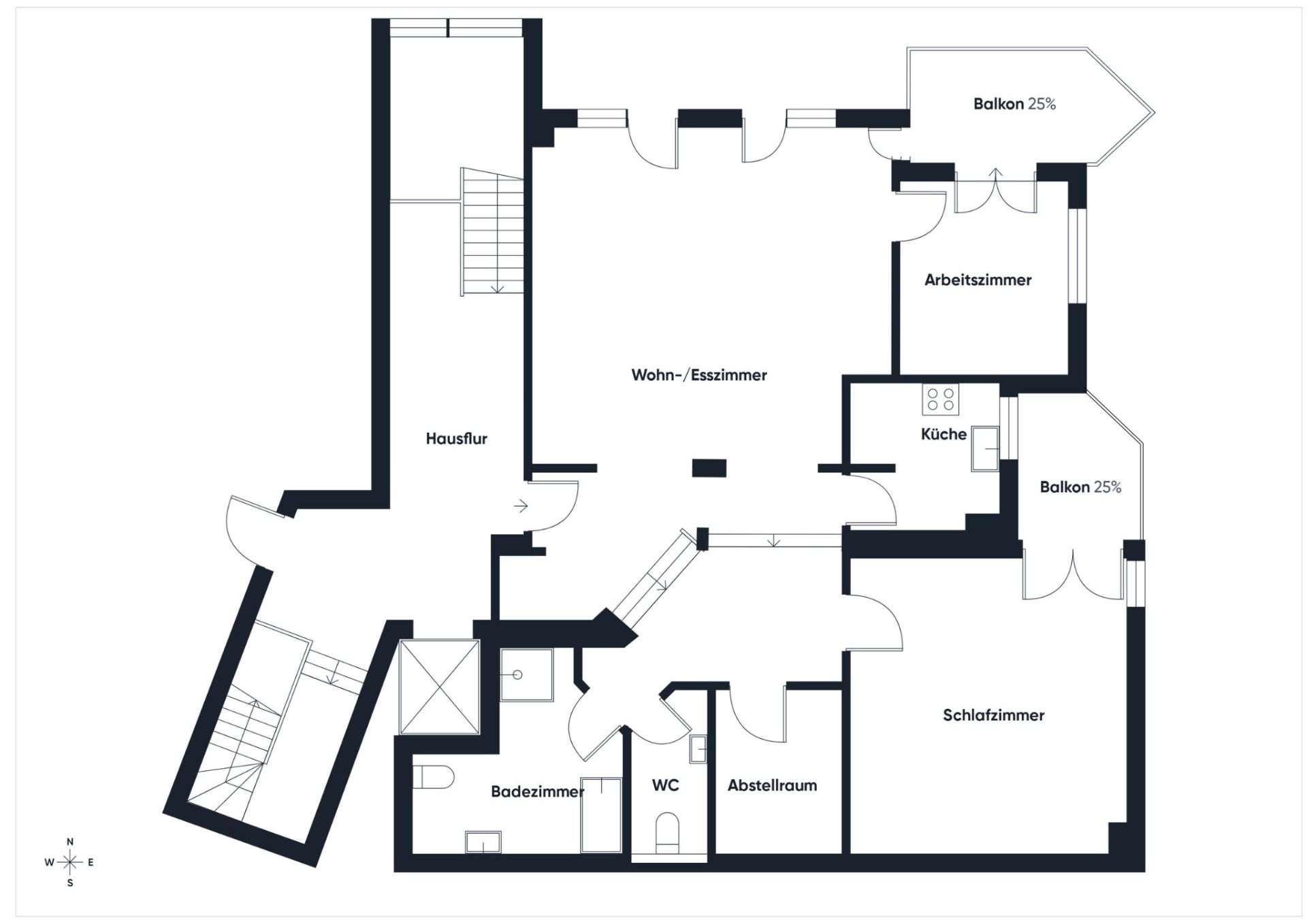 Grundriss einer Wohnung mit Wohnzimmer, Schlafzimmer, Küche, Bad, WC, Abstellraum und zwei Balkonen.