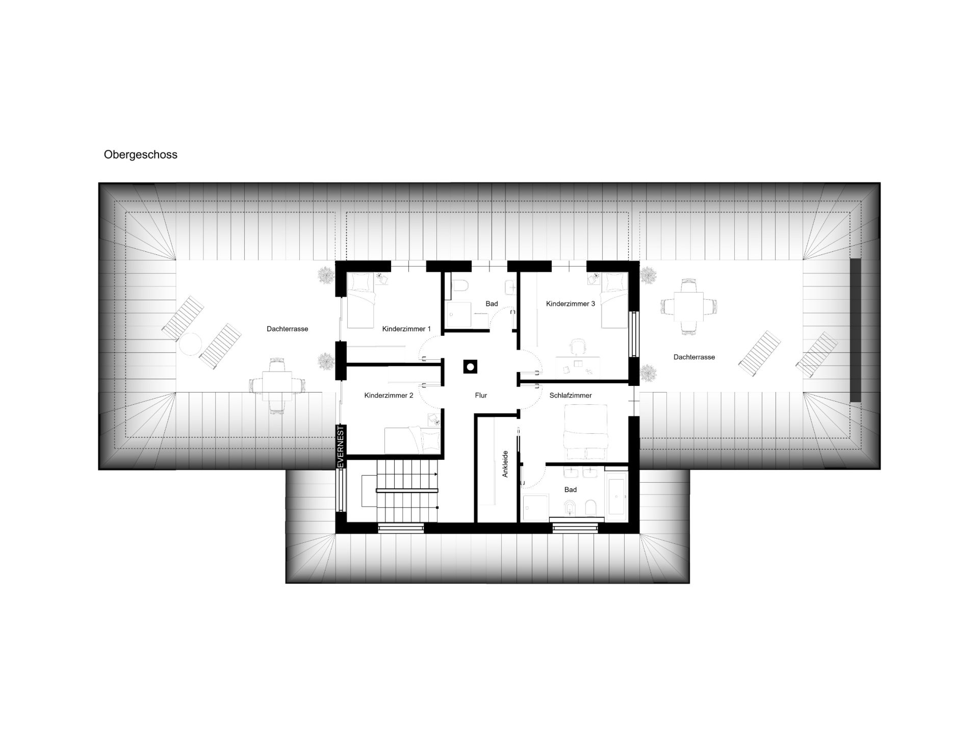 Grundriss eines Obergeschosses mit mehreren Zimmern und zwei Dachterrassen.