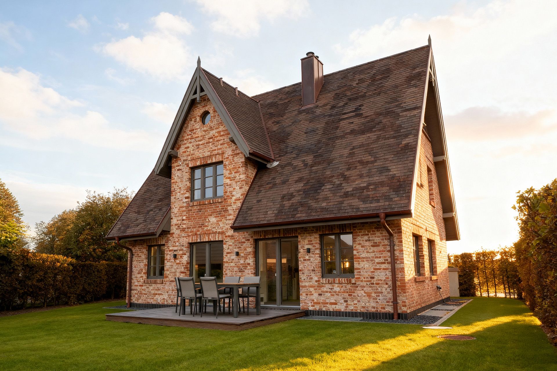 Backsteinwohnhaus mit großem Steildach und Terrasse mit Gartenmöbeln im Garten.