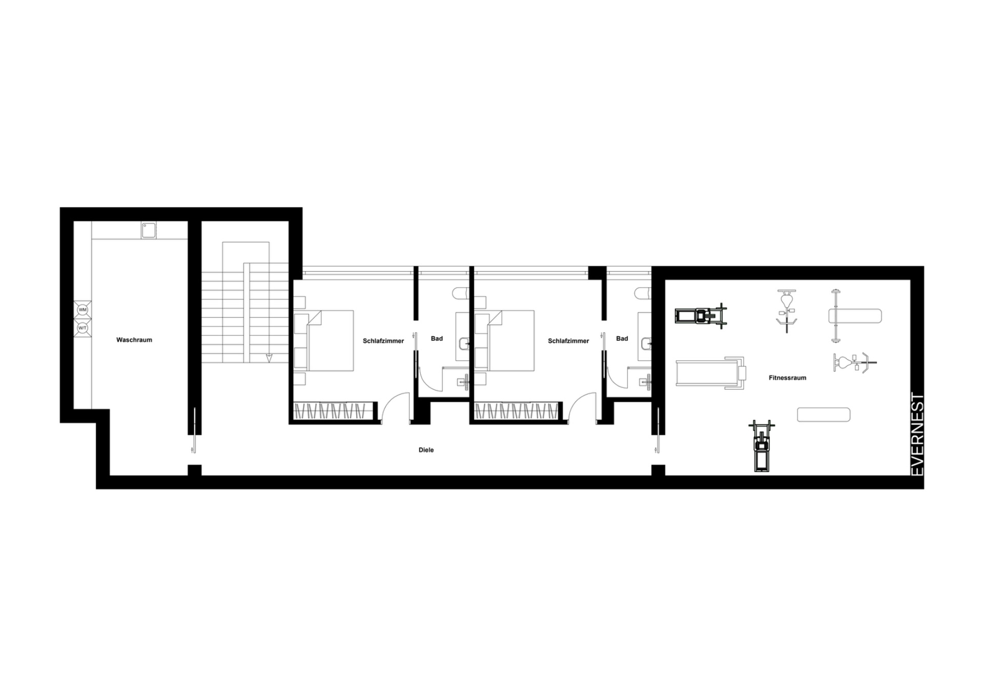 Grundriss mit zwei Schlafzimmern, zwei Bädern, Waschraum und Fitnessraum.