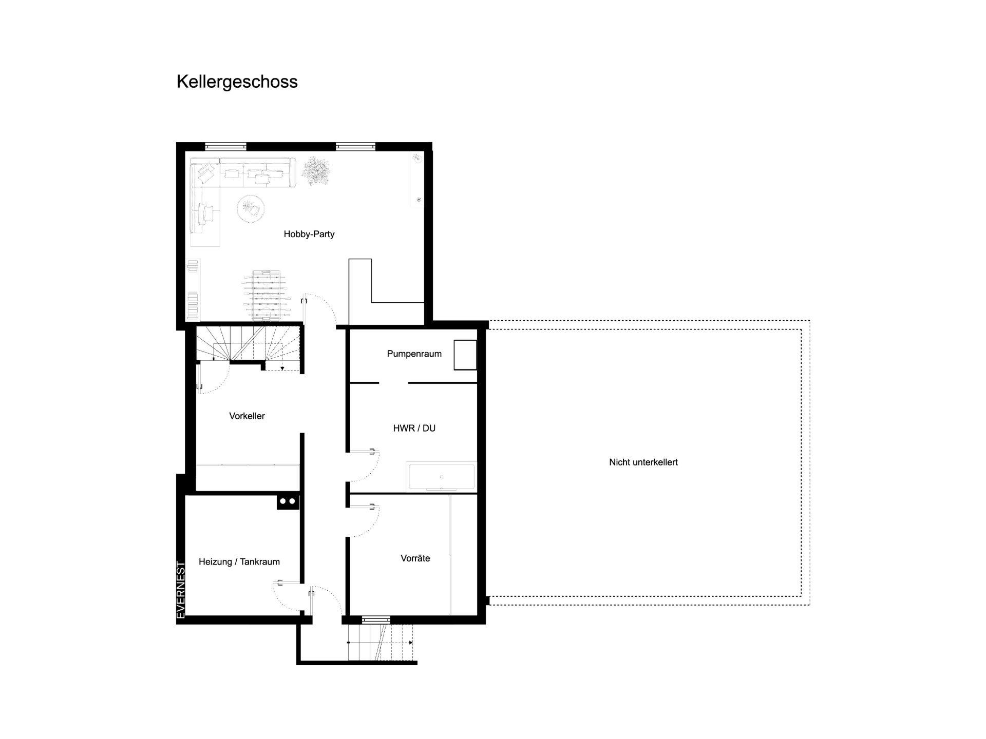 Grundriss eines Kellerbereichs mit mehreren beschrifteten Räumen und einem nicht unterkellerten Bereich.